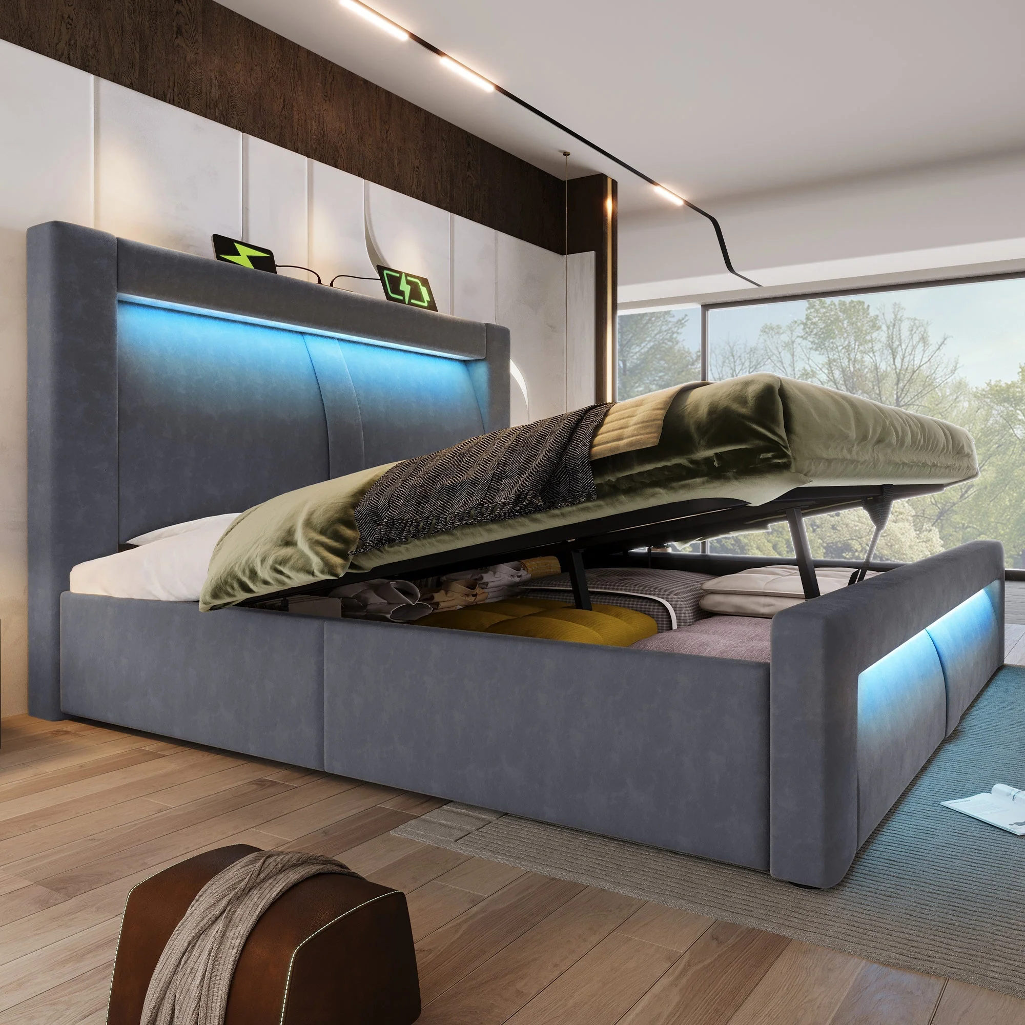 Double Bed with Hydraulic Storage, LED Lighting and USB Charging, Grey Velvet - Image 9