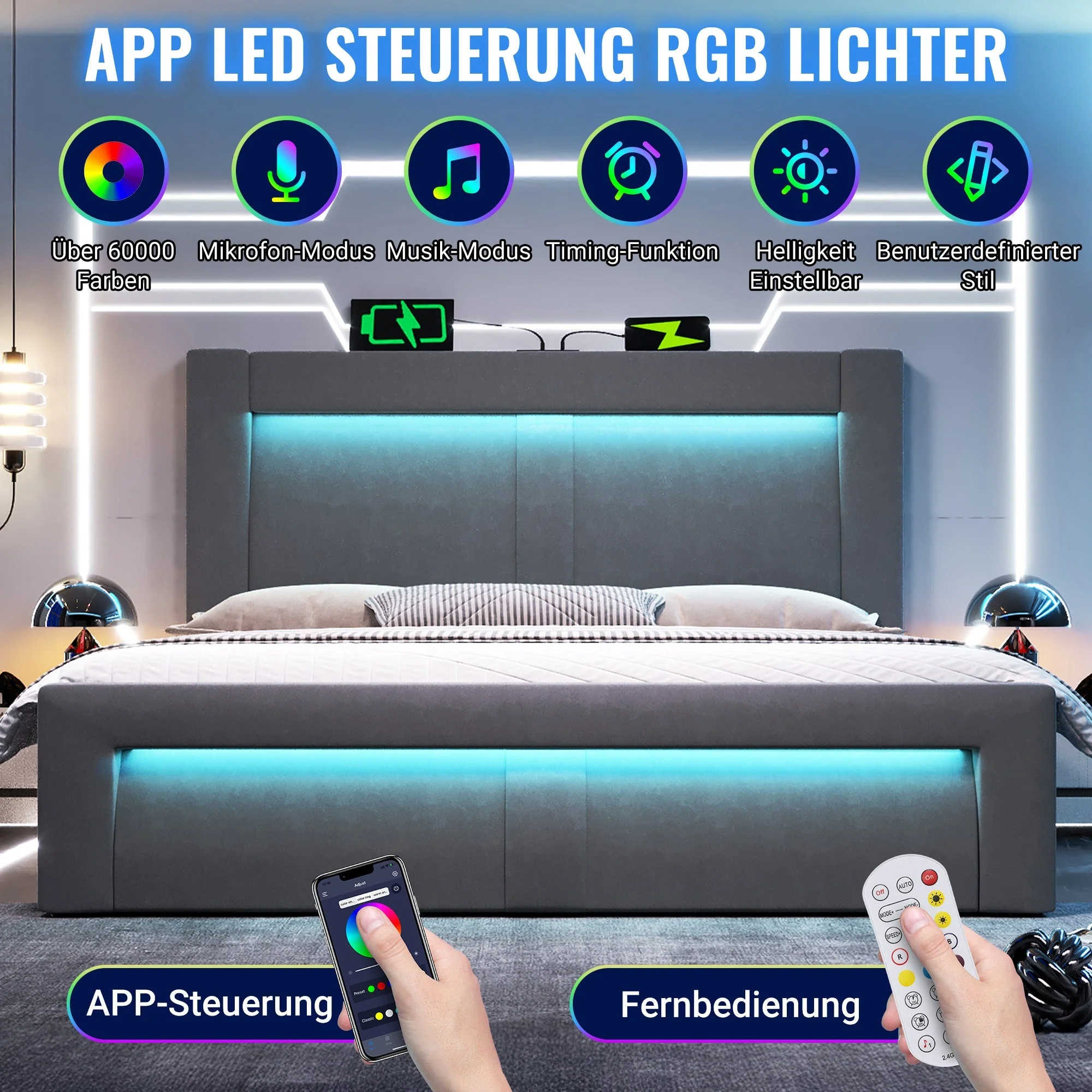 Double Bed with Hydraulic Storage, LED Lighting and USB Charging Ports, Gray Velvet - Image 4
