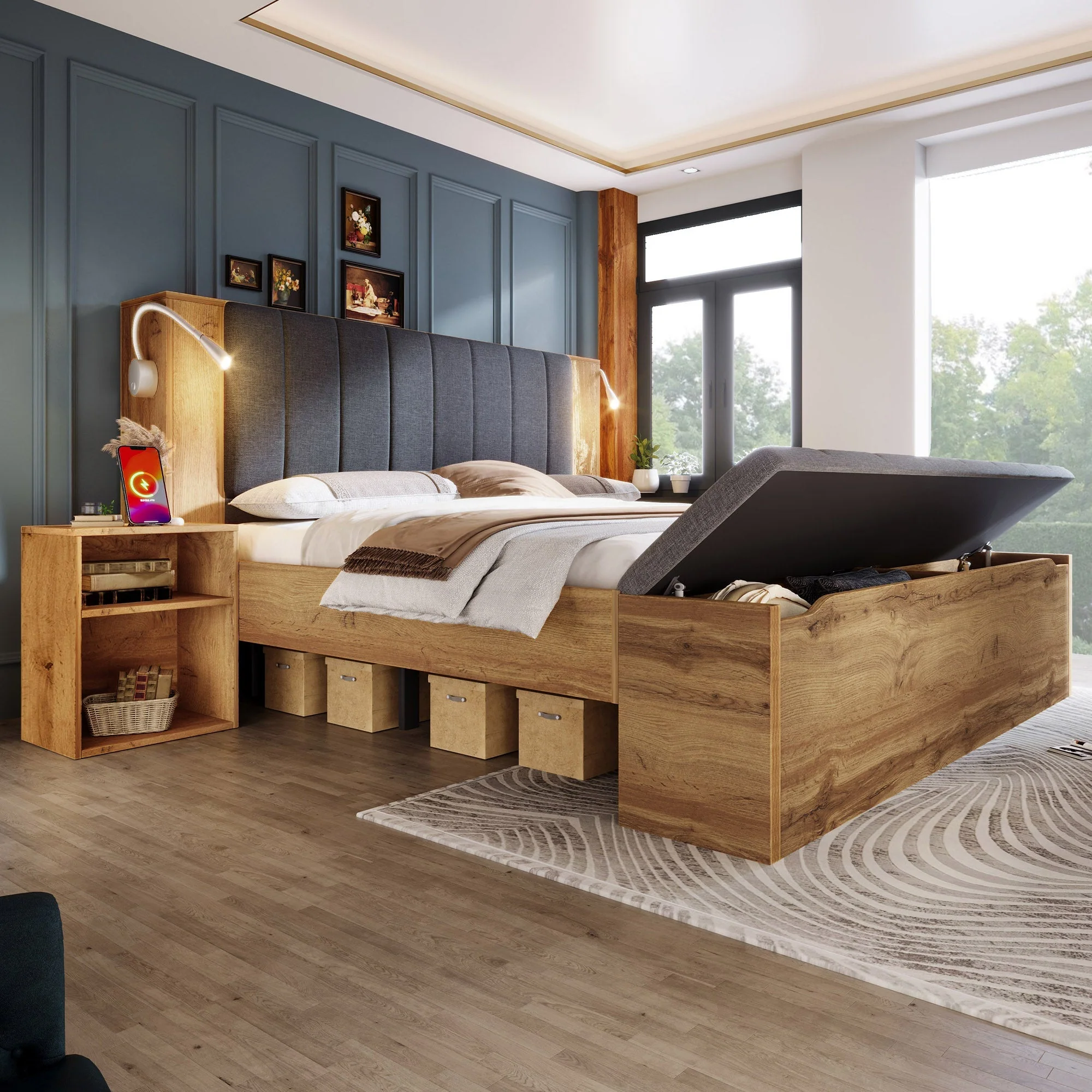 Double Bed with Mattress, Storage, Bedside Tables, Bench and USB Lamps, Oak Wood and Linen - Image 8
