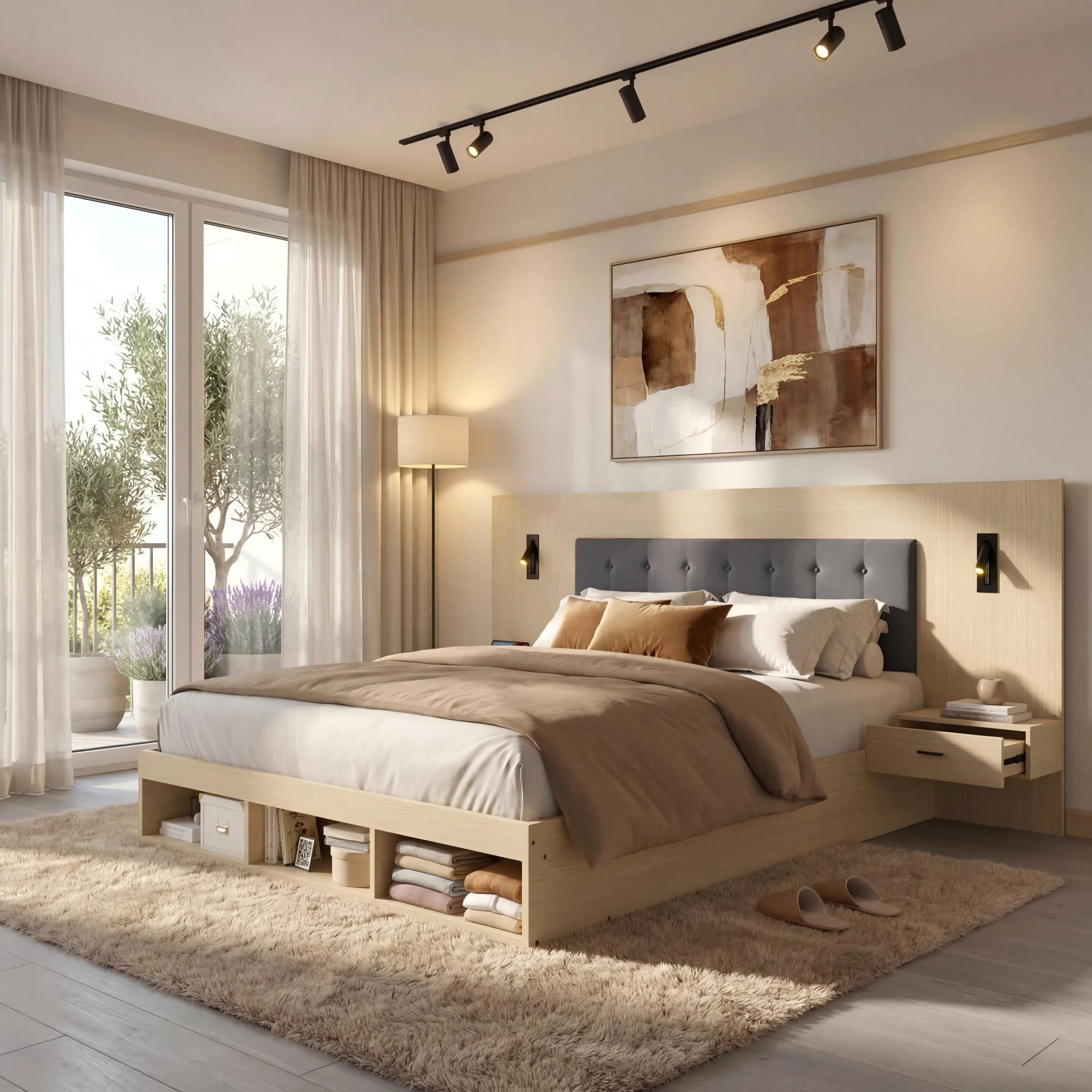 Double Bed with Storage, USB Charging Station, Reading Lamp and 2 Bedside Tables, 160x200cm, Light Oak Wood - Image 3