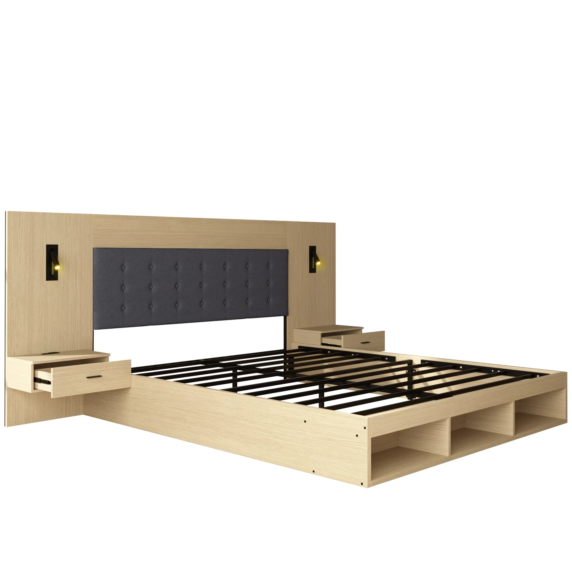 Double Bed with Storage, USB Charging Station, Reading Lamp and 2 Bedside Tables, 160x200cm, Light Oak Wood - Image 9