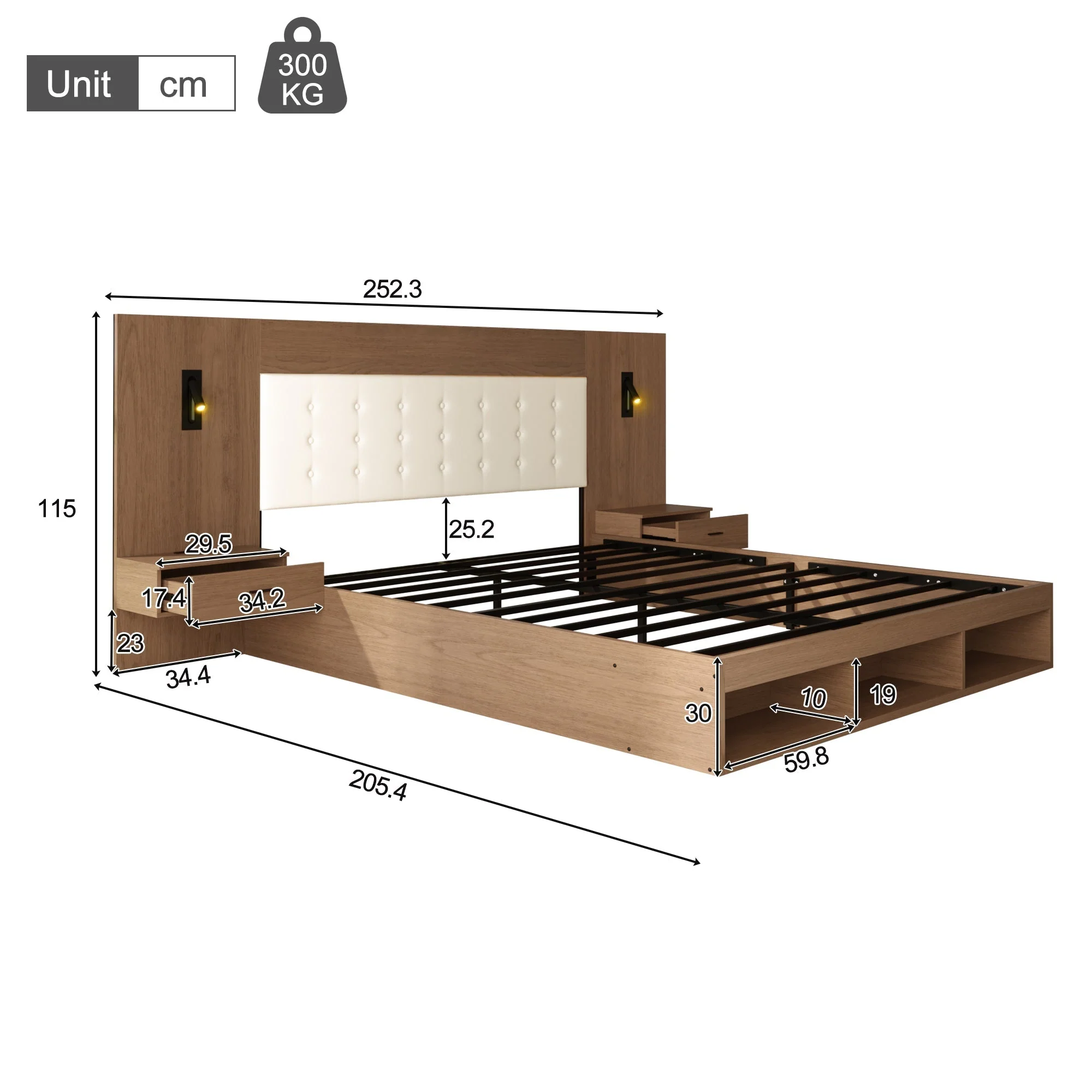 Double Bed with USB Charging Station, Reading Lamp and 2 Bedside Tables, 180x200cm, Walnut Wood Color - Image 7