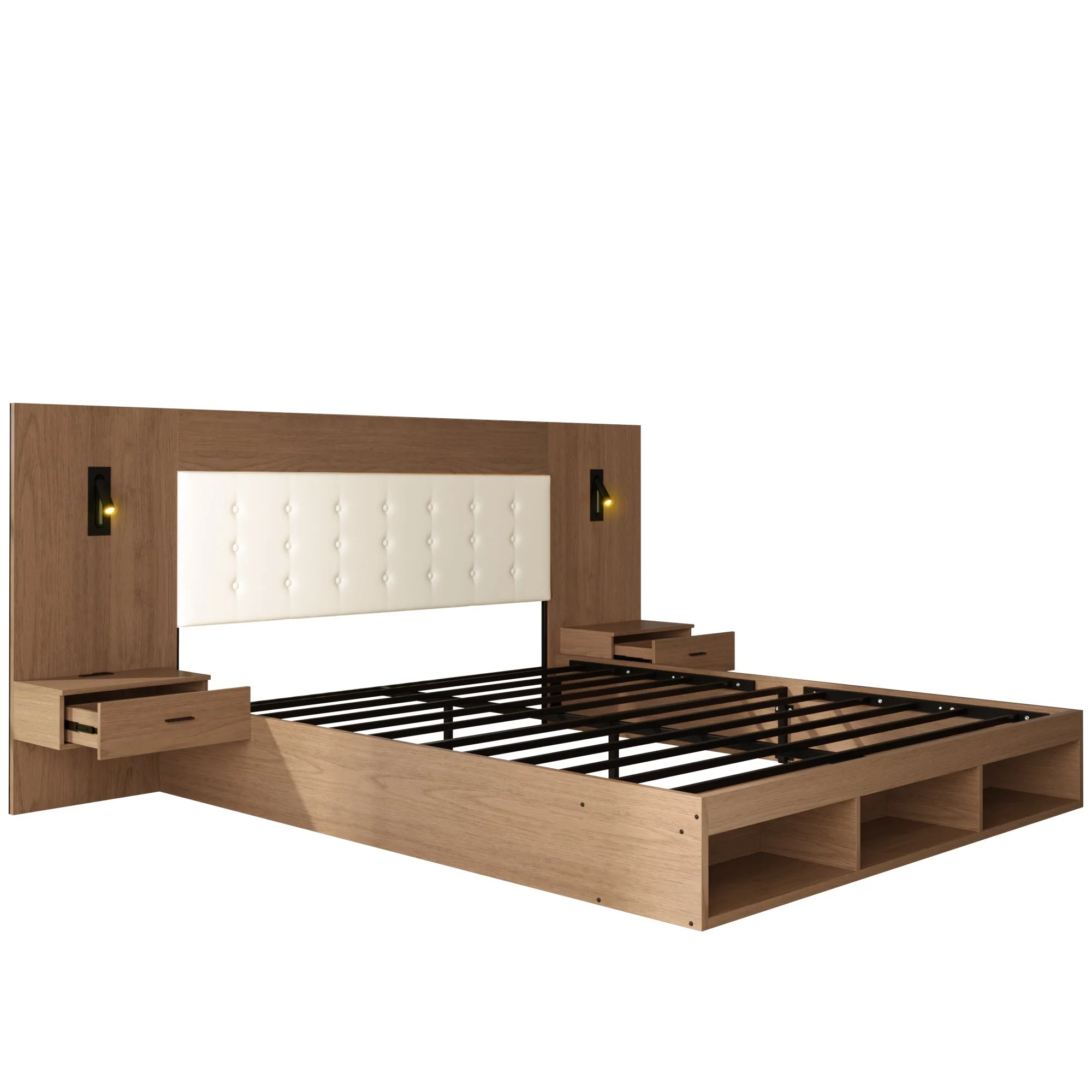 Double Bed with USB Charging Station, Reading Lamp and 2 Bedside Tables, 180x200cm, Walnut Wood Color - Image 9