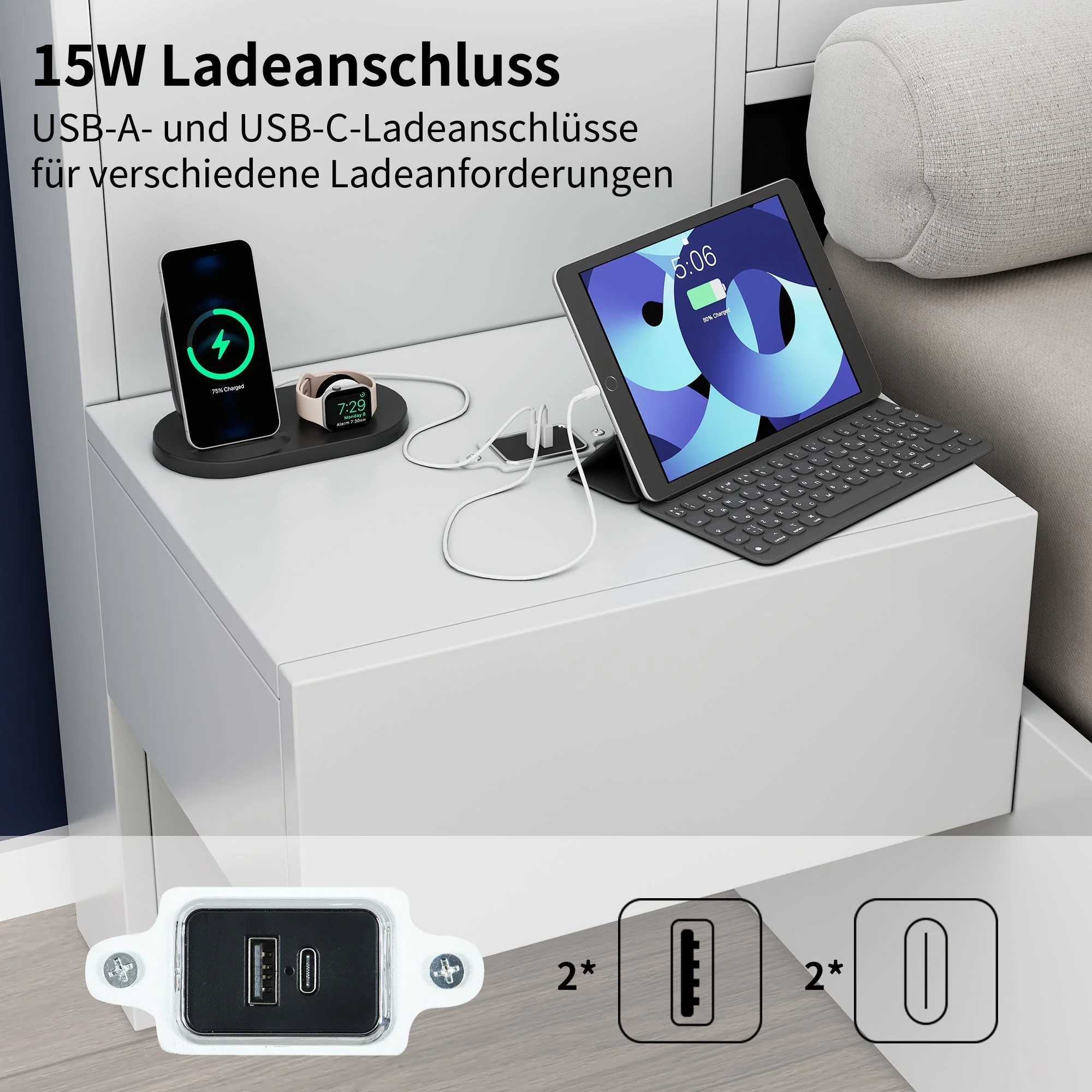 Double Bed with USB, Clock, Bluetooth Speaker and LED, 160x200cm, White Wood - Image 8