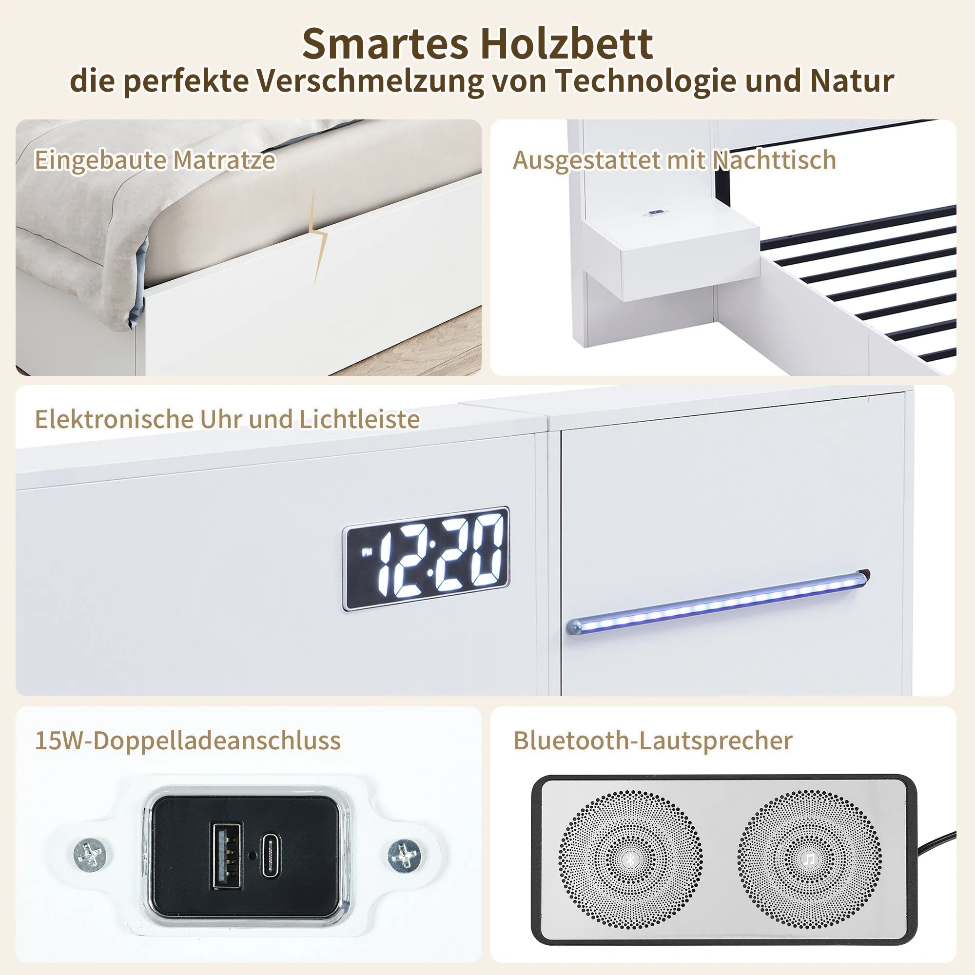 Double Bed with USB Port, Bluetooth Speaker, LED and 2 Bedside Tables, 180x200cm, White Wood - Image 7