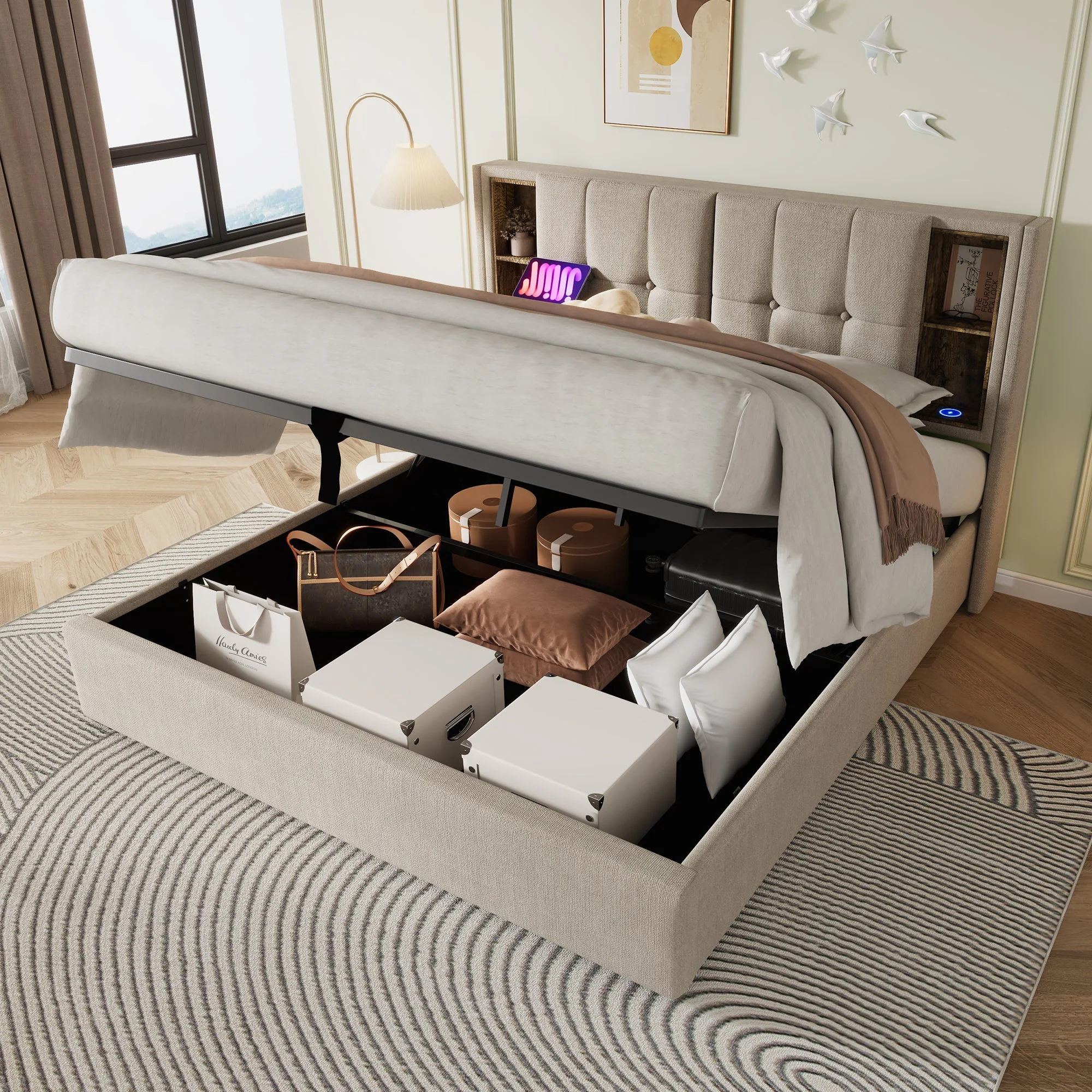 Double Bed with Wireless Charging, Storage, Wood Slats, Natural Linen - Image 10