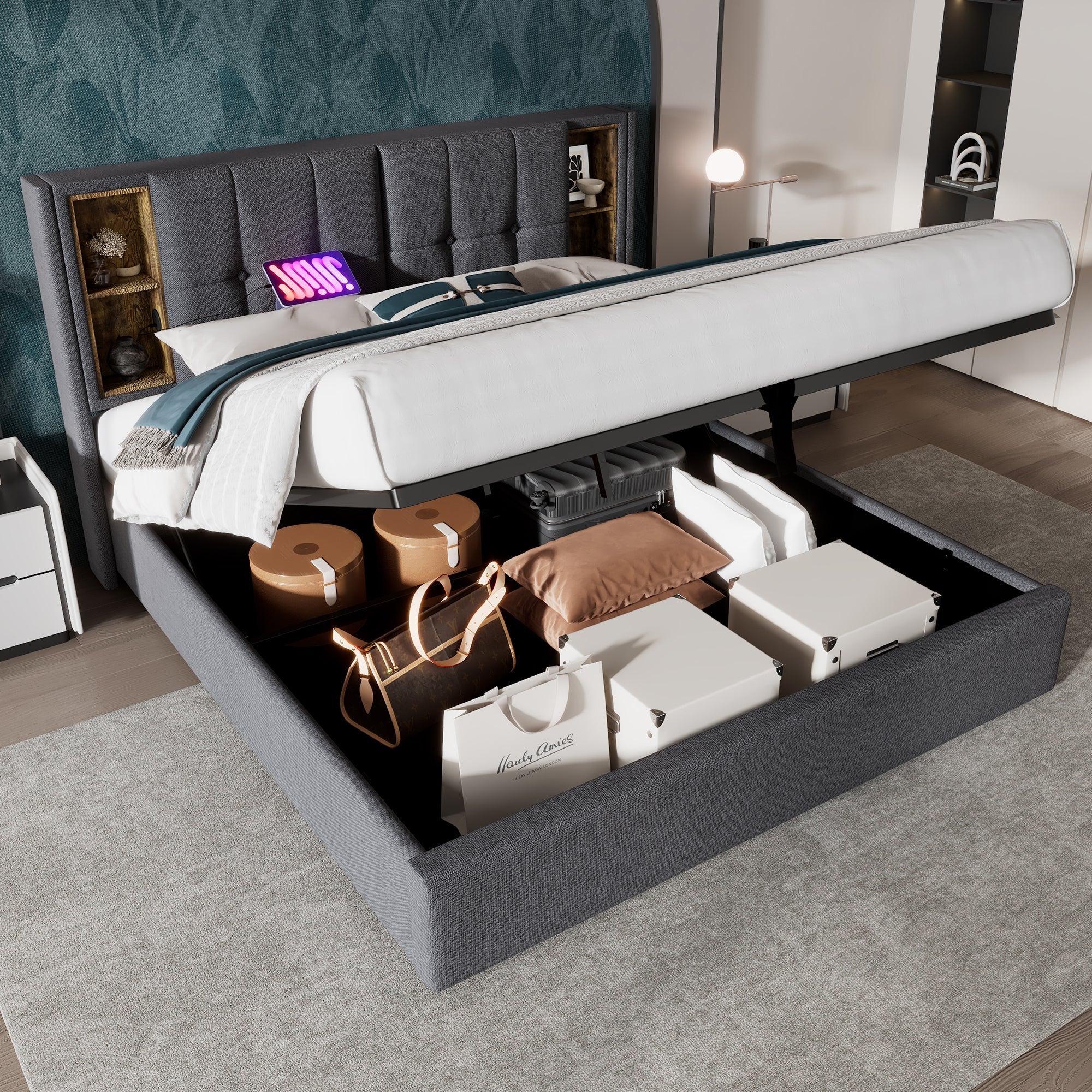 Double Bed with Wireless Charging USB C, 140x200cm, Storage, Wood-Grey Cotton - Image 10