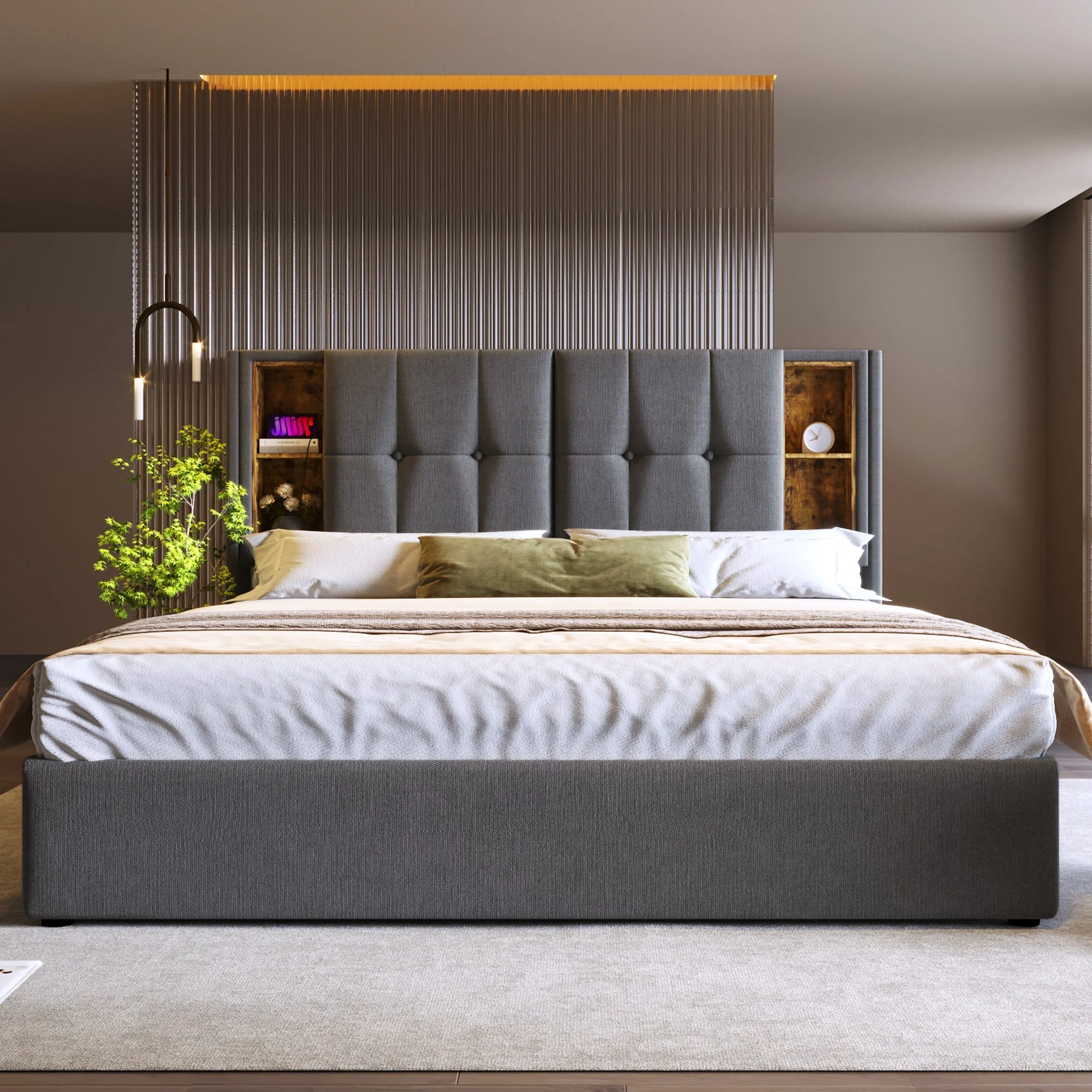 Double Bed with Wireless Charging USB C, 140x200cm, Storage, Wood-Grey Cotton - Image 6