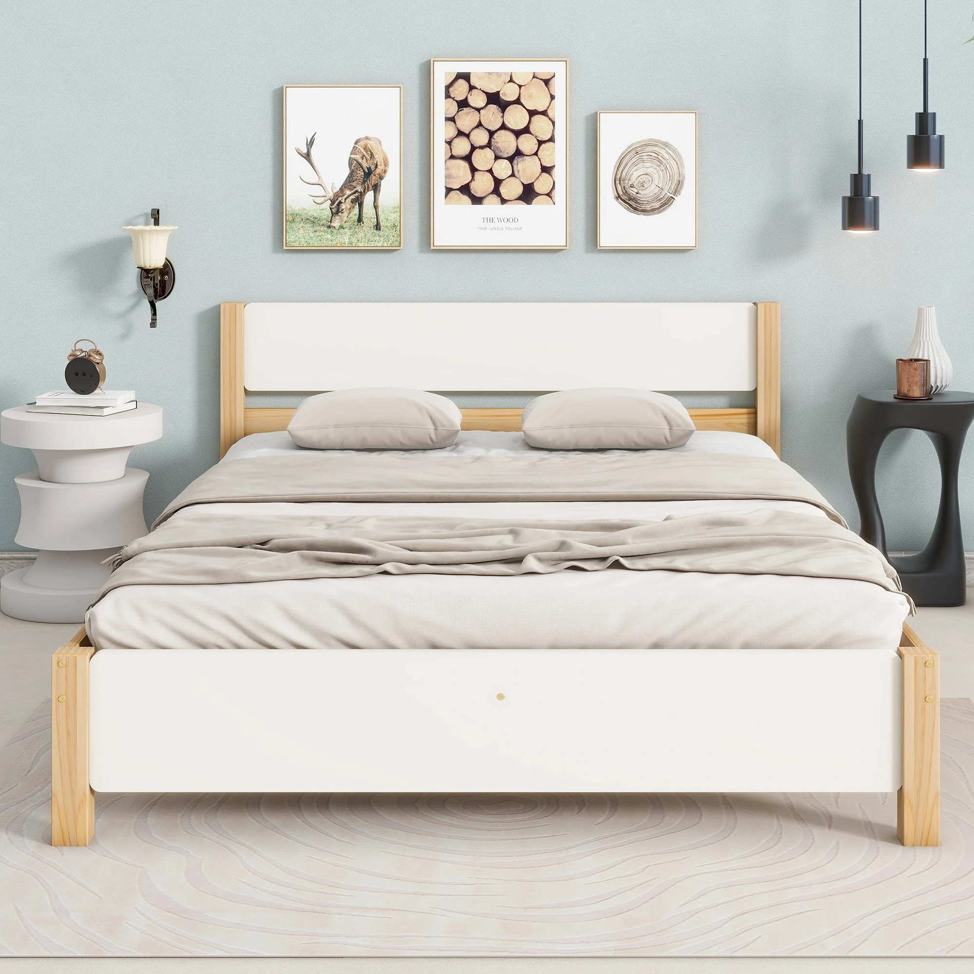 Double bed, wooden pinewood frame with central leg, with MDF headboard and footboard, white + natural, 140x200 cm