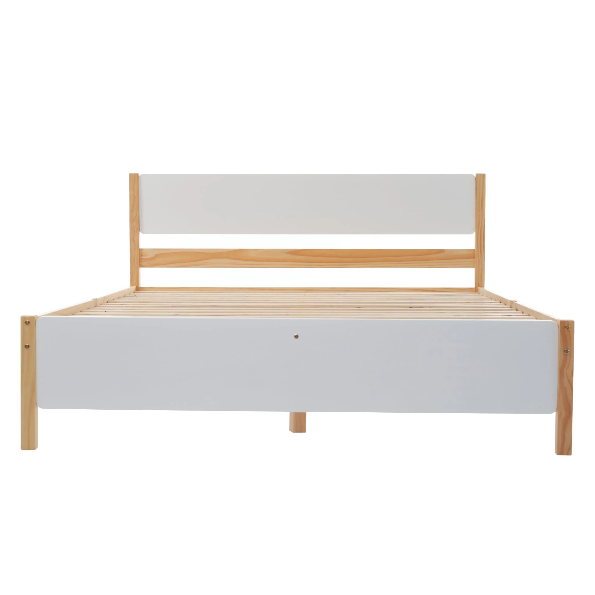 Double bed, wooden pinewood frame with central leg, with MDF headboard and footboard, white + natural, 140x200 cm - Image 11