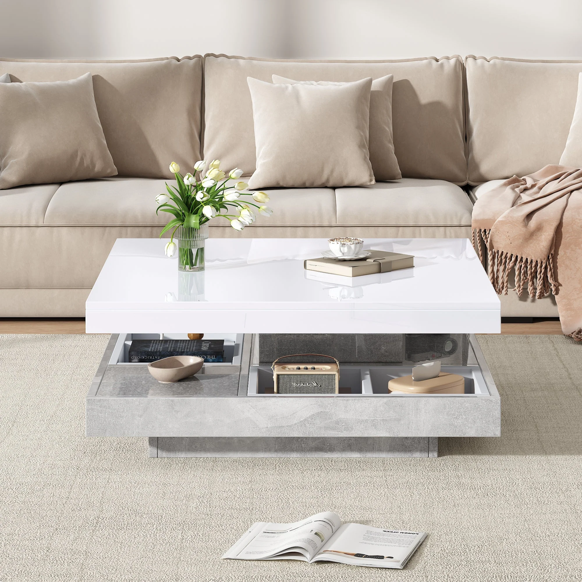 Double Coffee Table, High-Gloss 360° Swivel Top with Storage, White Marble - Image 6