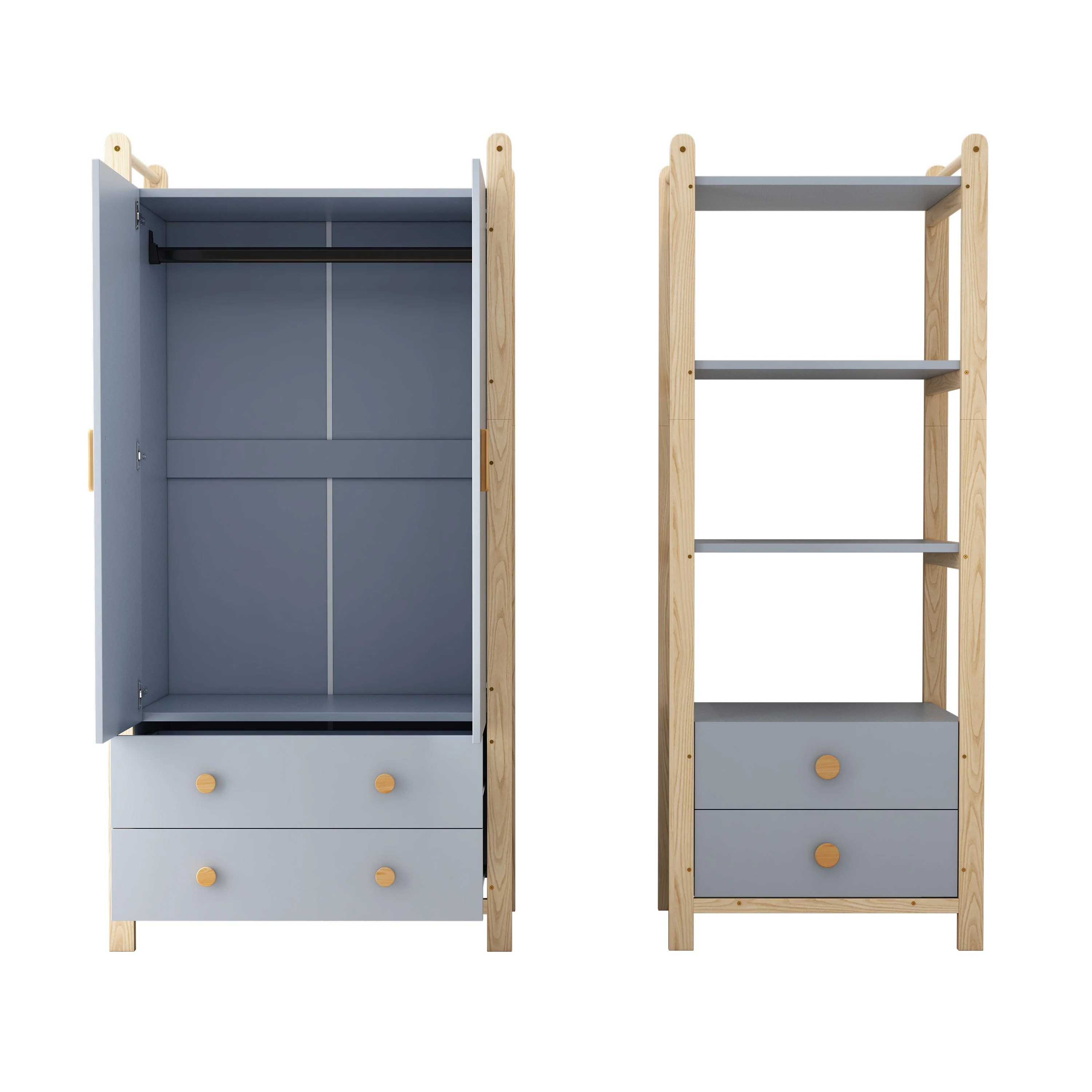 Double-Door Wardrobe Combination Set with Clothes Rail and Drawers, Spruce Wood, Blue/Natural Wood, 180cm - Image 4