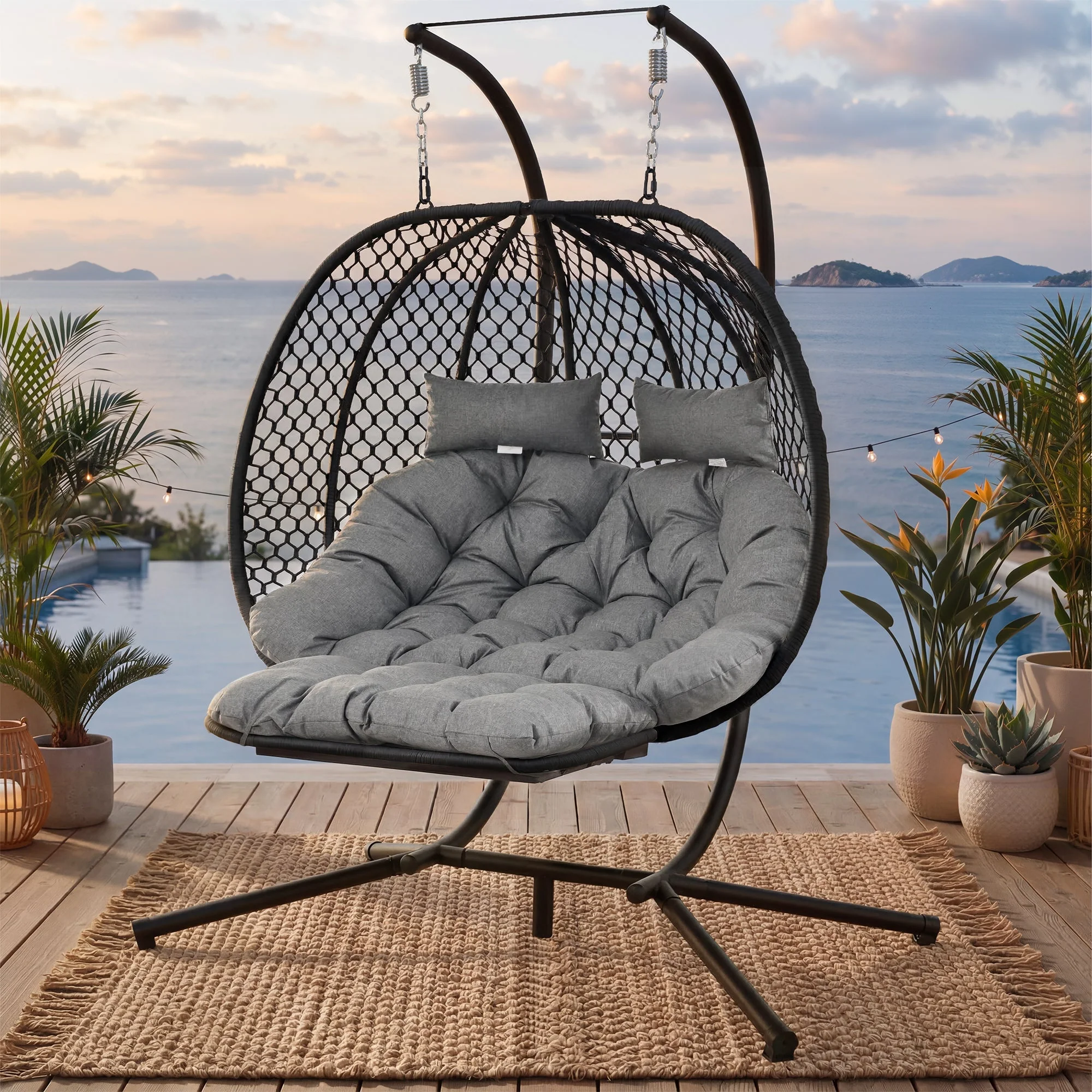 Double Egg-Shaped Hanging Chair with Stand, Seat Cushion, Pillow and Footrest, Grey Metal - Image 7