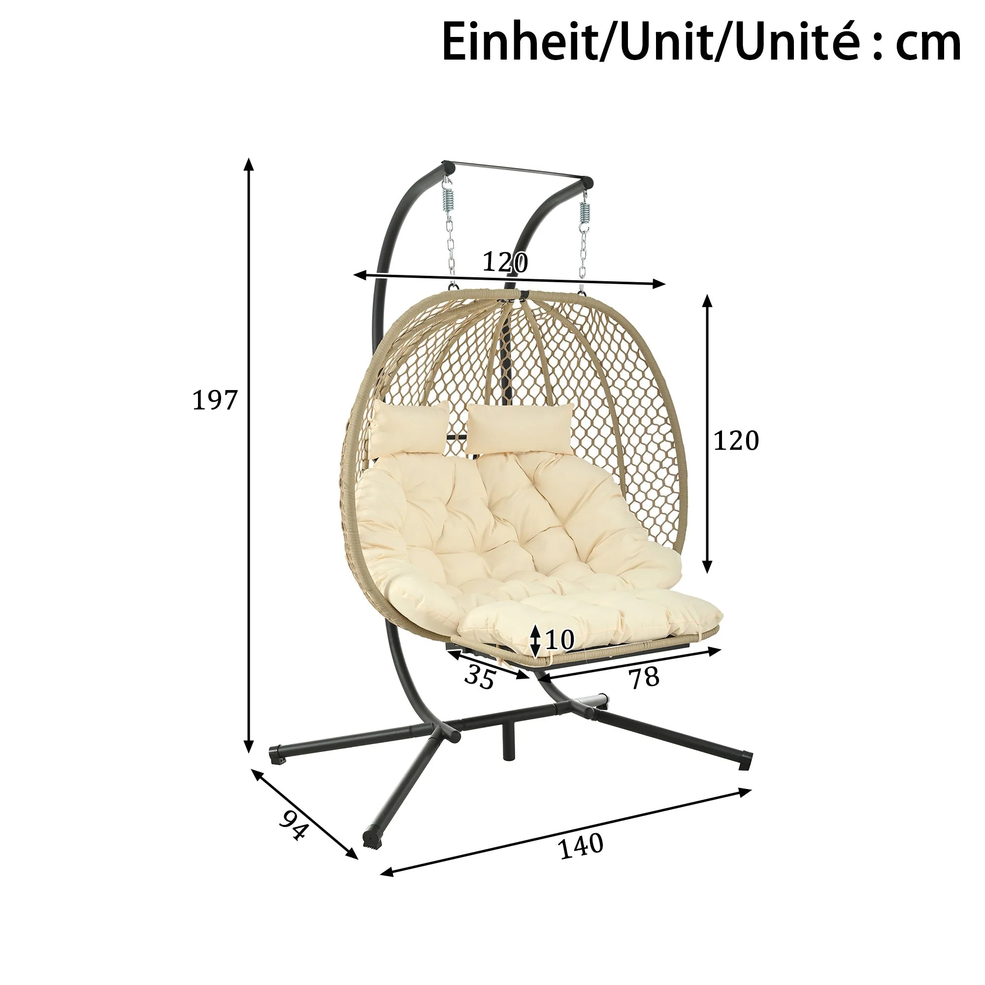 Double Hanging Egg Chair with Stand, Seat Cushion and Footrest, Outdoor/Indoor, Metal and Rattan - Image 3