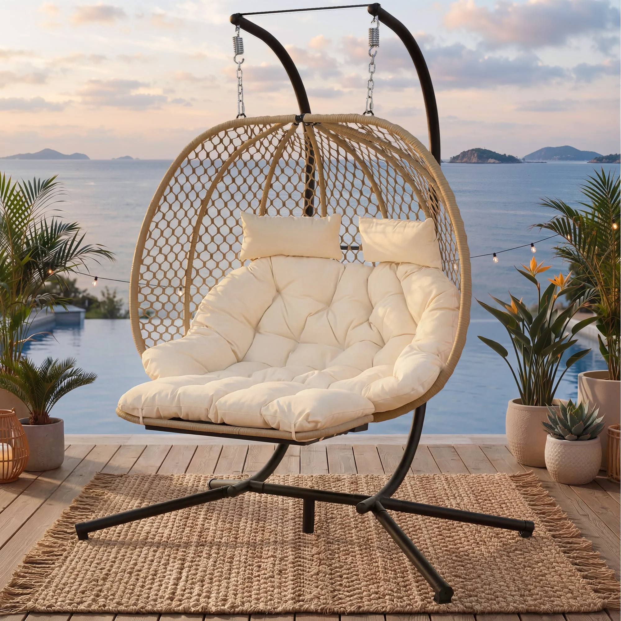 Double Hanging Egg Chair with Stand, Seat Cushion and Footrest, Outdoor/Indoor, Metal and Rattan - Image 7