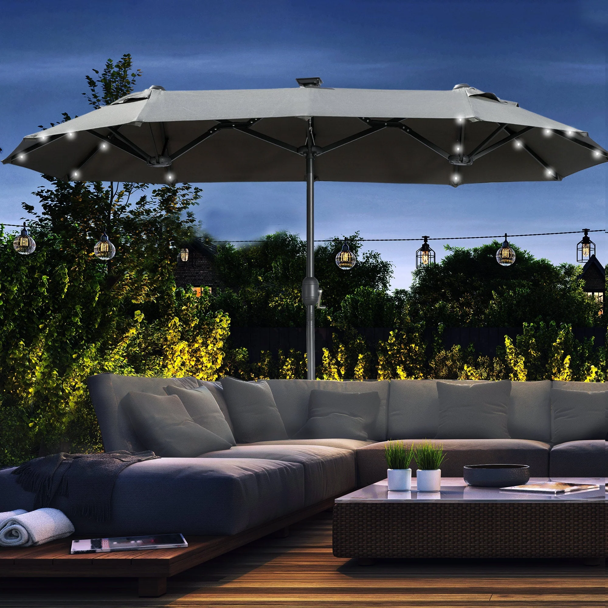Double Parasol 295x219cm LED Windproof Adjustable Tilt Dark Grey/Polyester/Steel