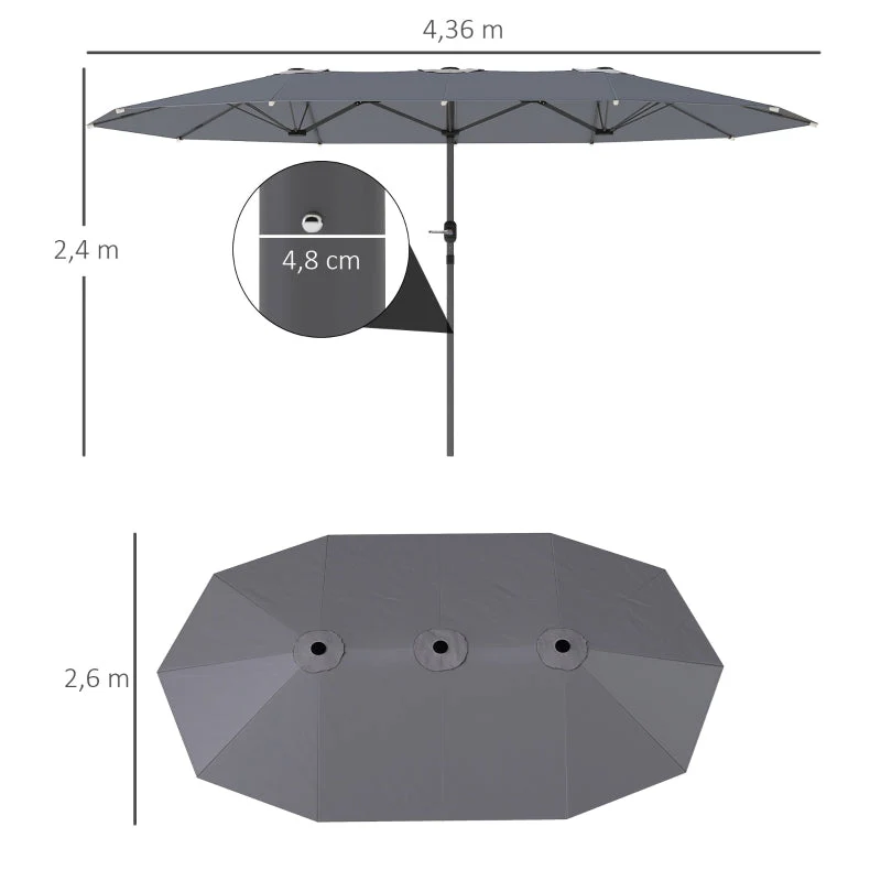 Double Parasol 436x260cm UV Protection Steel Hand Crank Windproof, Dark Grey - Image 3