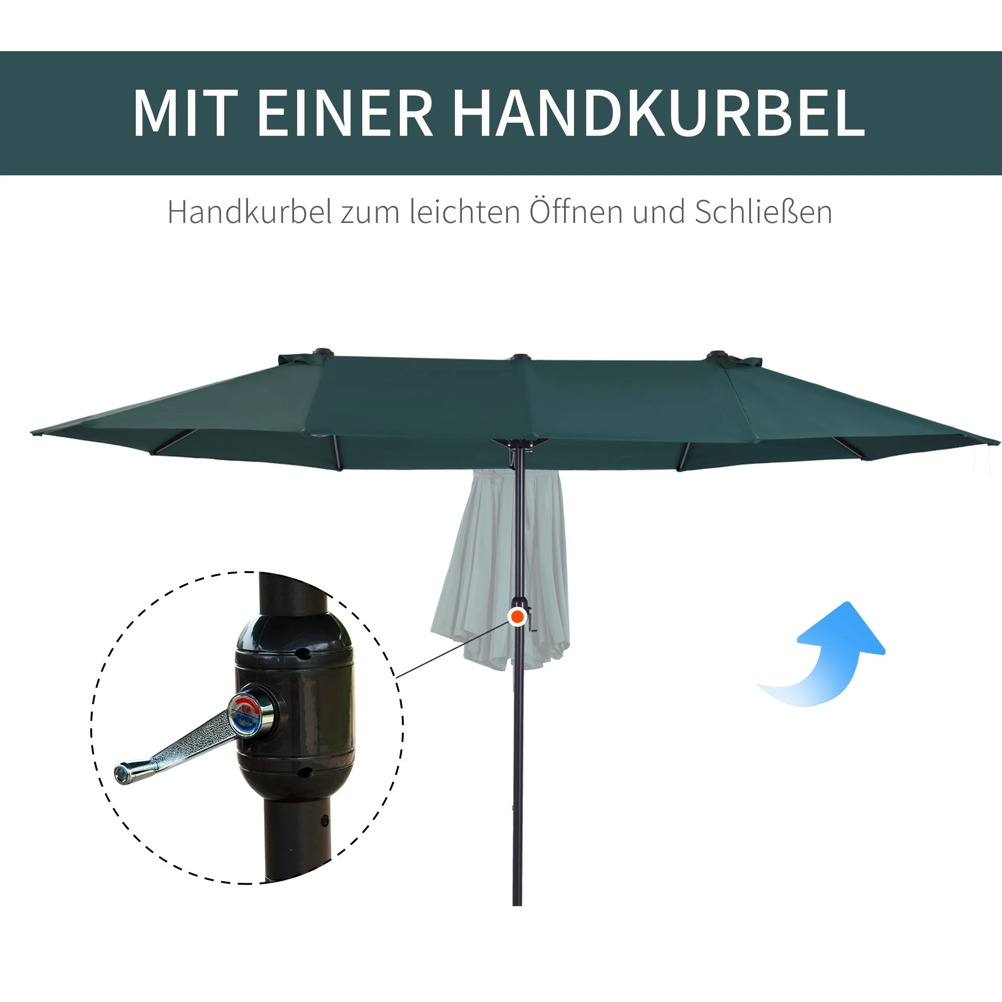 Double Patio Parasol with Hand Crank, Oval 460 x 270 x 240 cm, Dark Green - Image 5