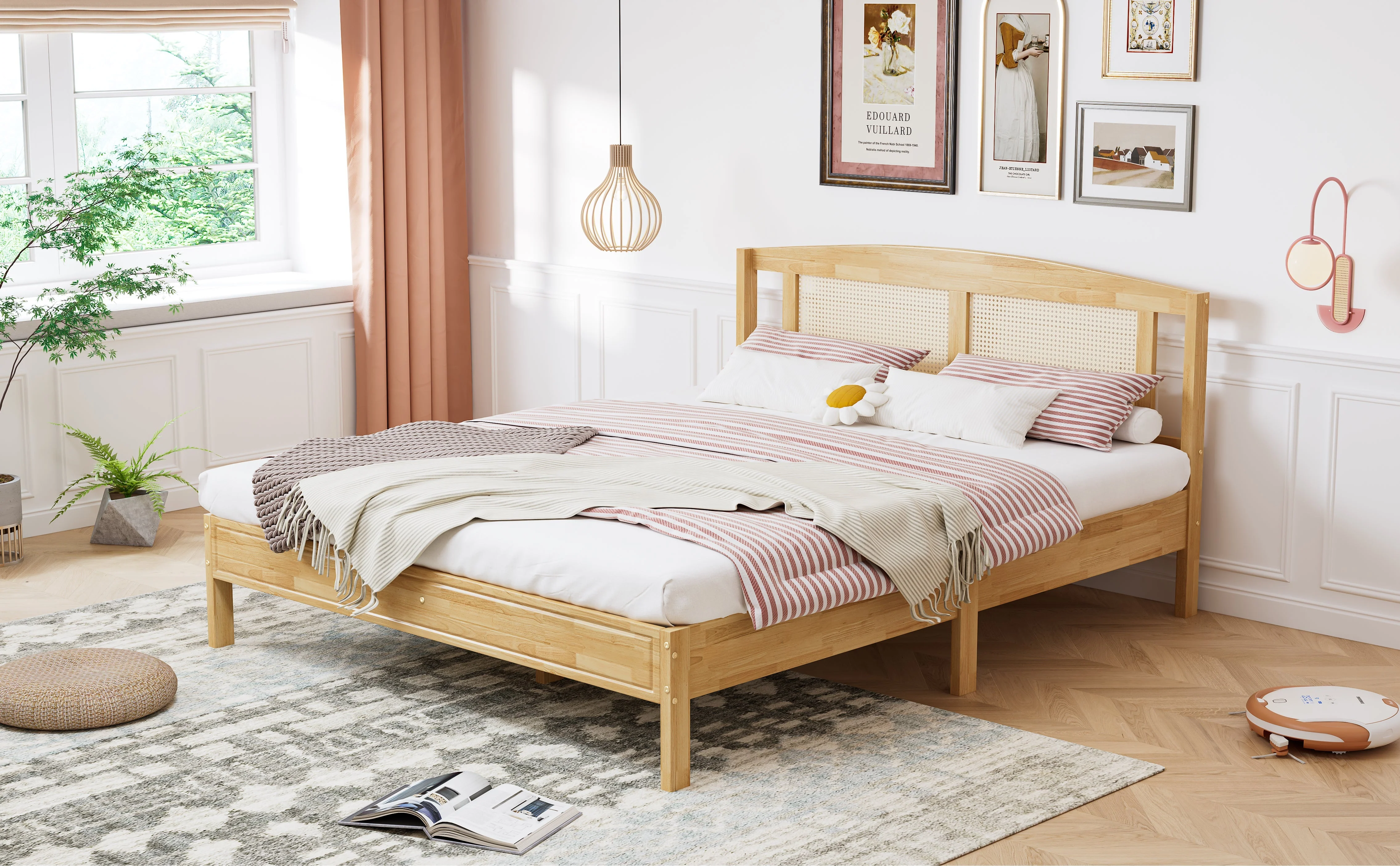 Double Rattan Bed 160x200cm, 15 Slats Pine + PE Rattan, Natural - Image 6