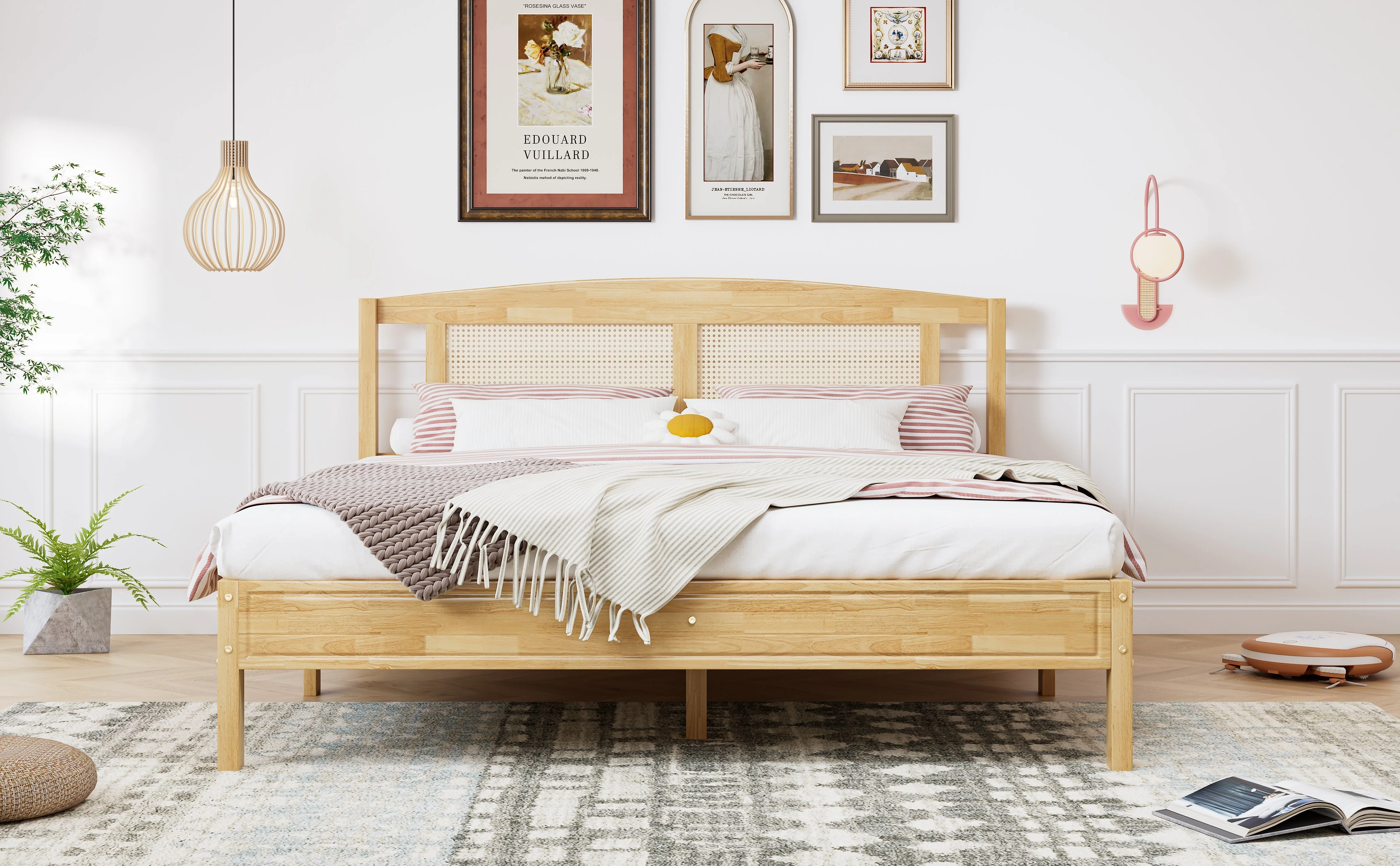 Double Rattan Bed 160x200cm, 15 Slats Pine + PE Rattan, Natural - Image 7