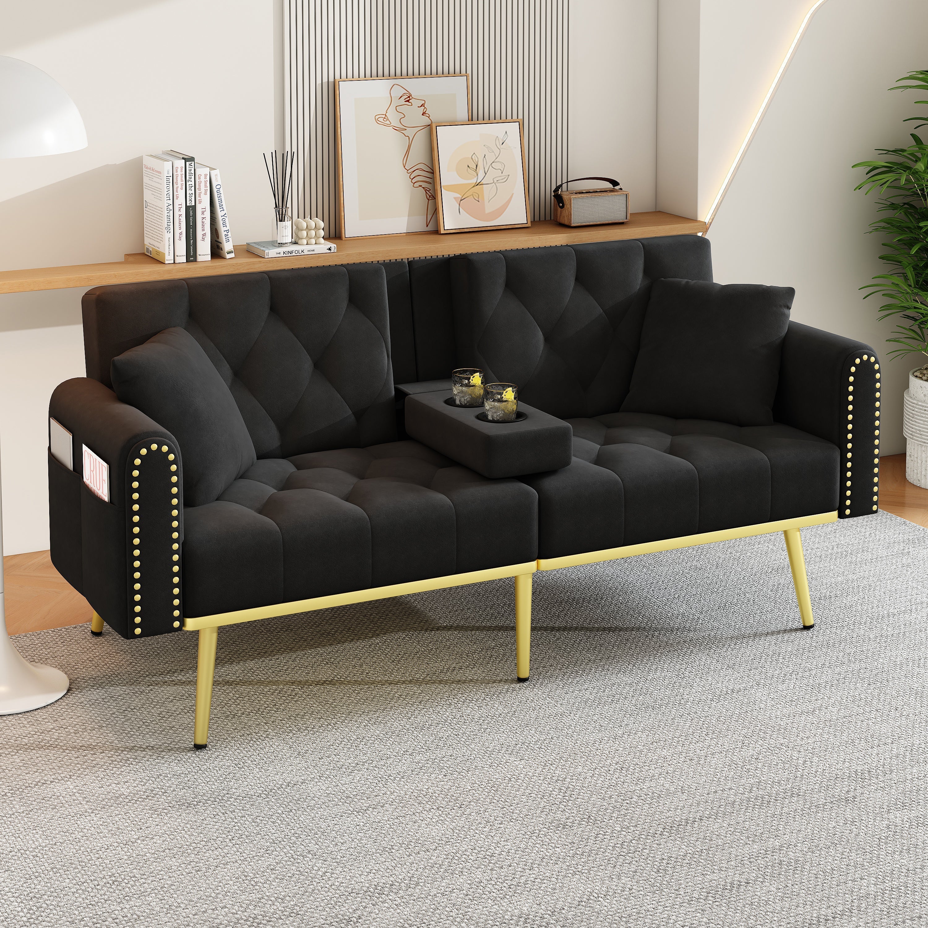 Double Sofa Bed Reclining 3 Angles Cup Holders - Fabric Black - Image 2