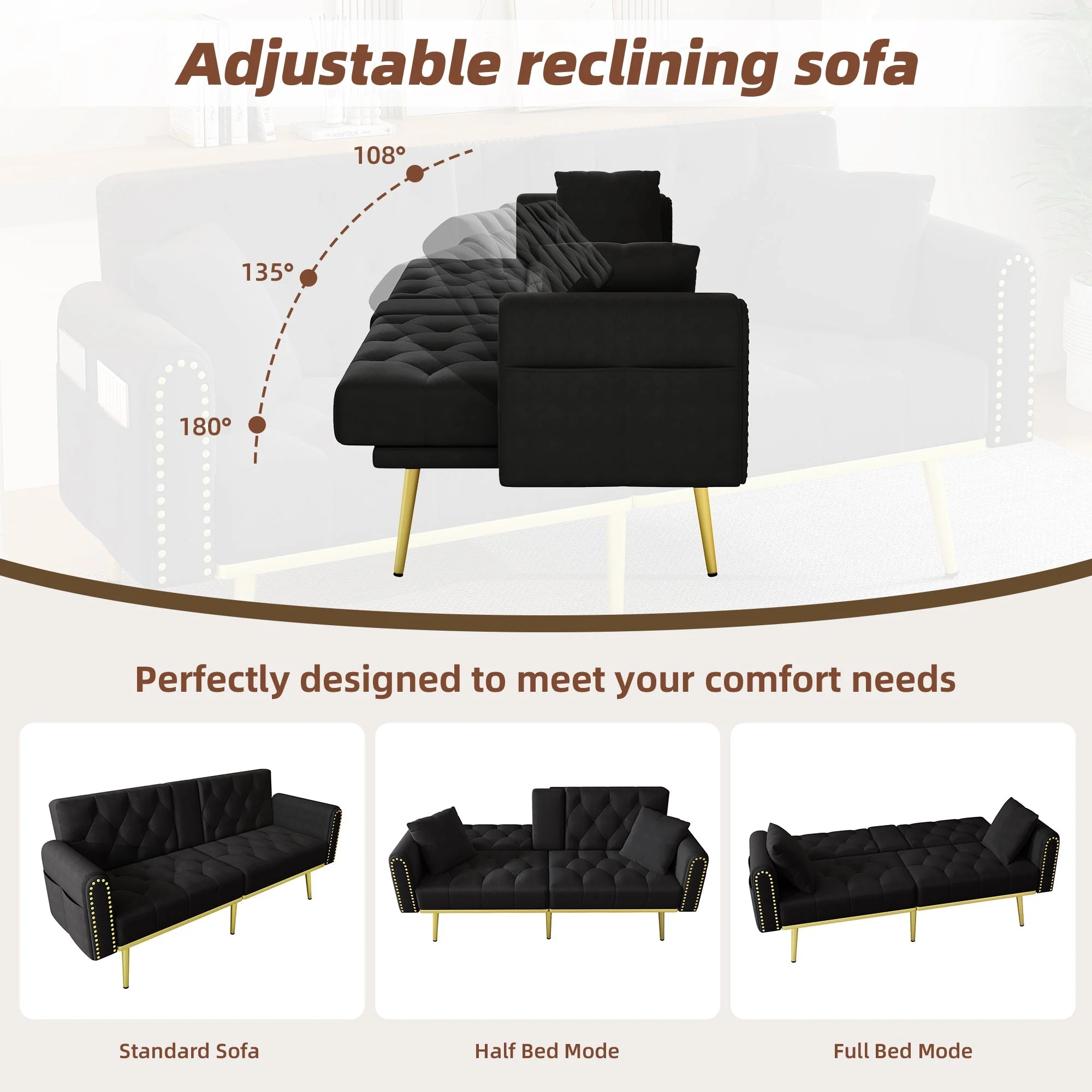 Double Sofa Bed Reclining 3 Angles Cup Holders - Fabric Black - Image 6