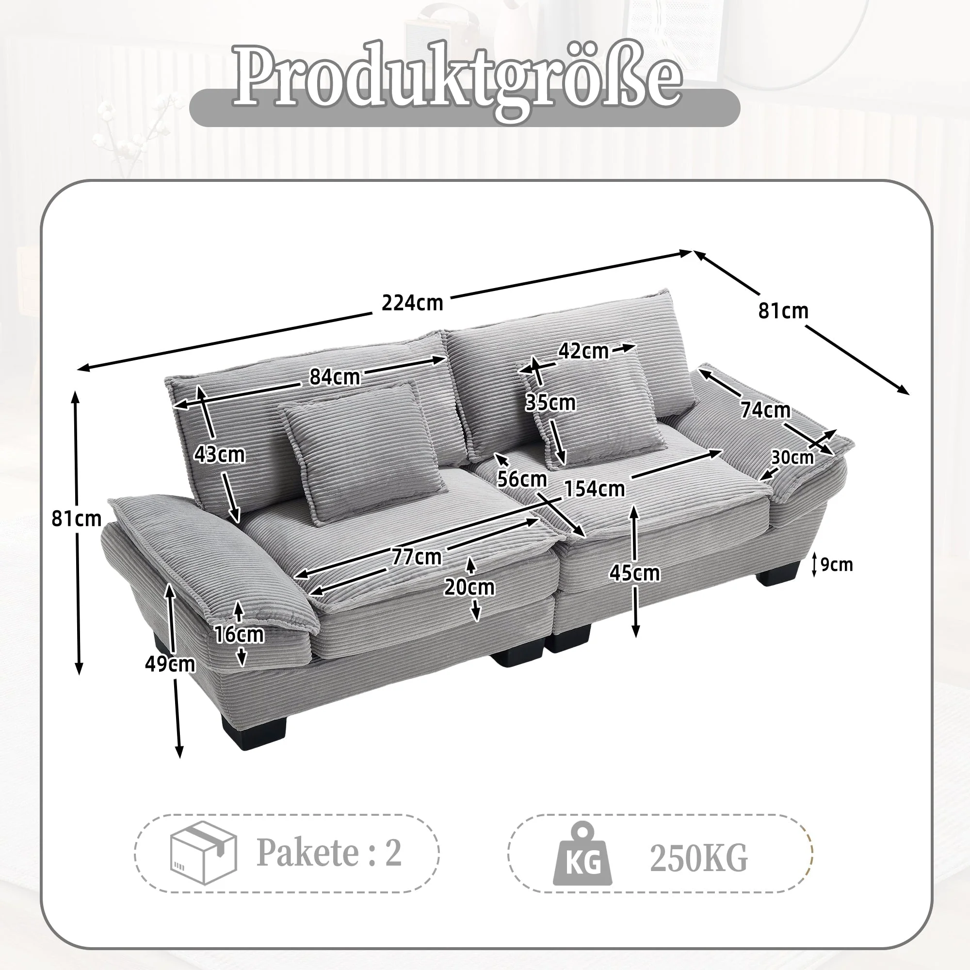 Double Sofa, Modern Feather Bed Simple Spacious, Light Grey - Image 2