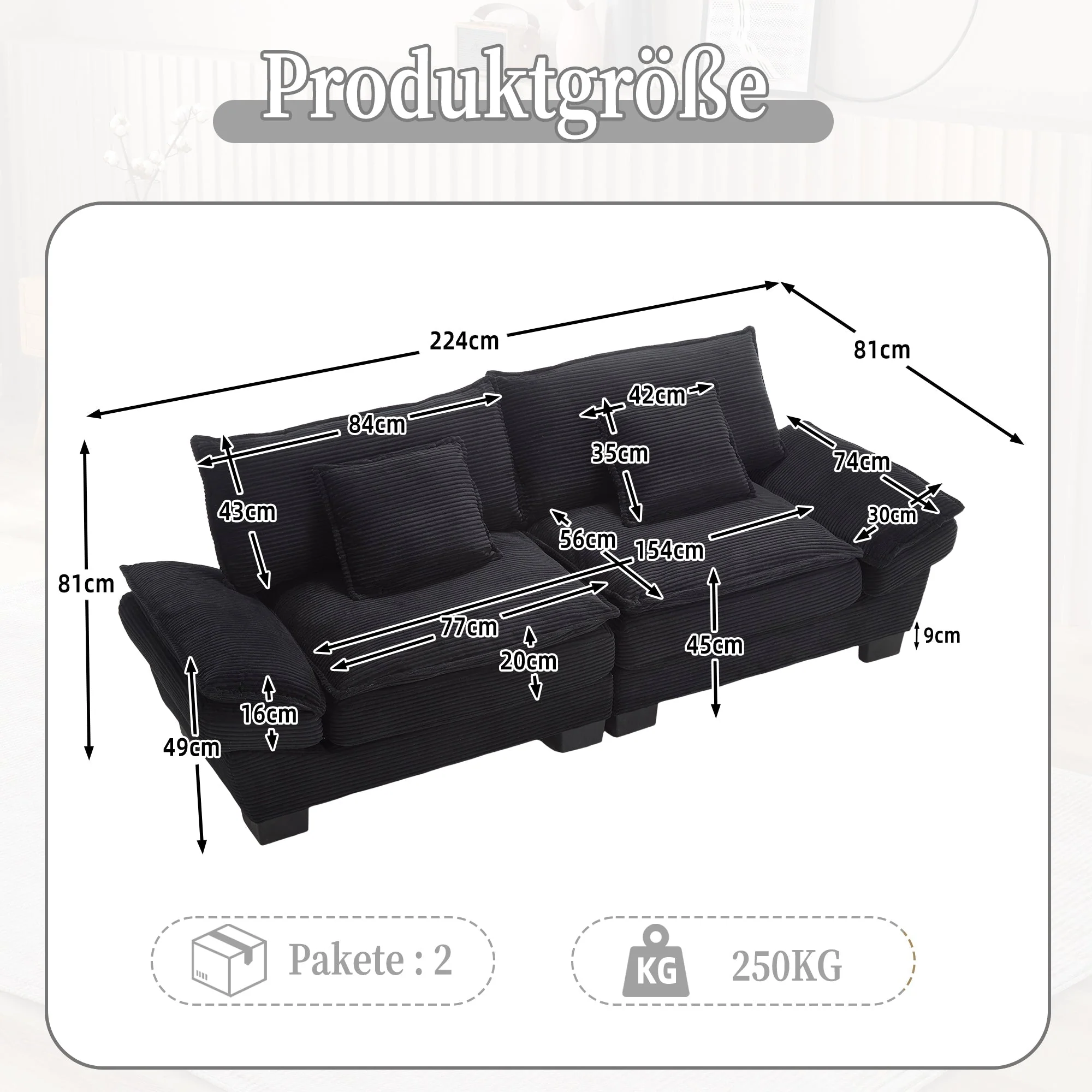 Double Sofa, Modern Simple Feather Bed, Black - Image 2