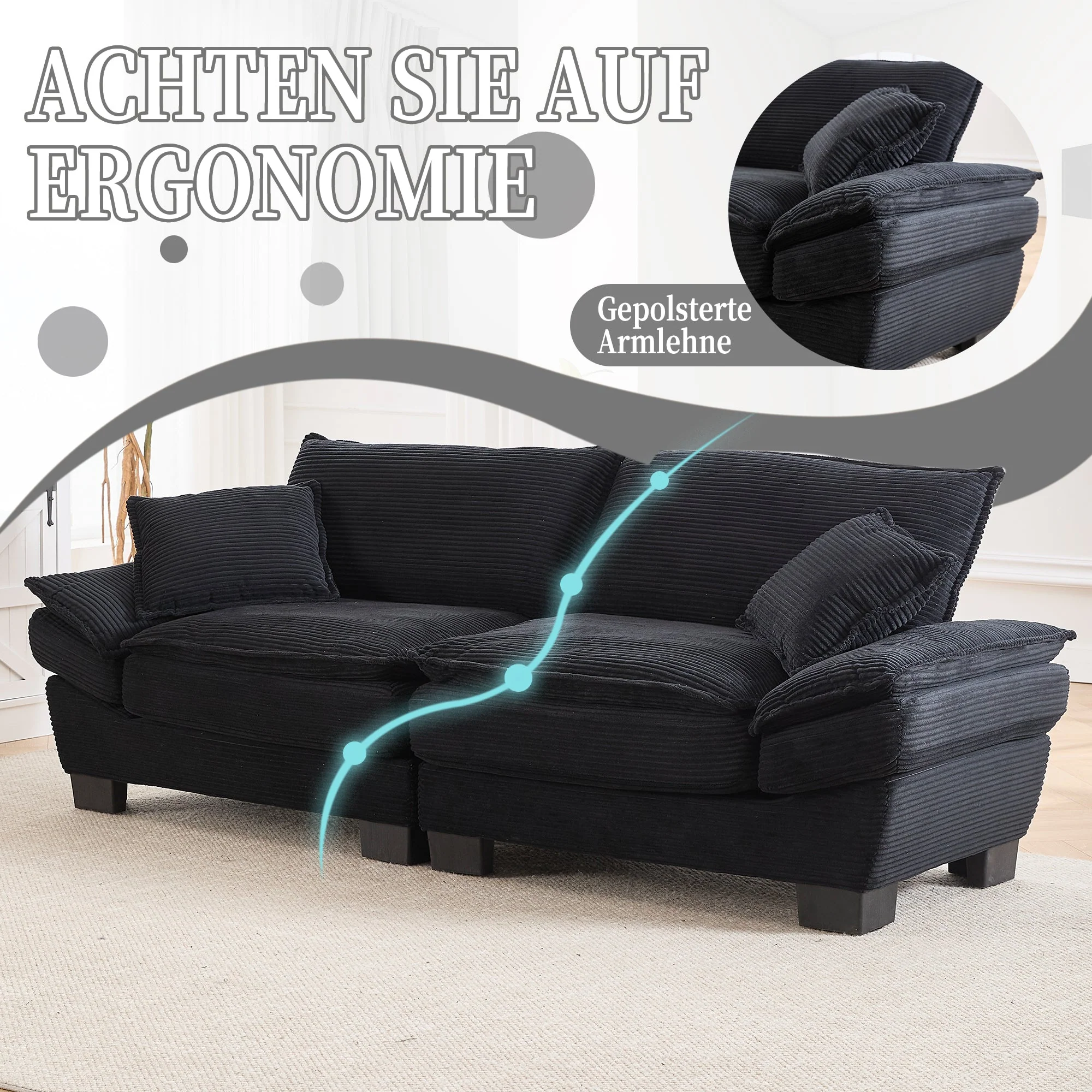 Double Sofa, Modern Simple Feather Bed, Black - Image 3