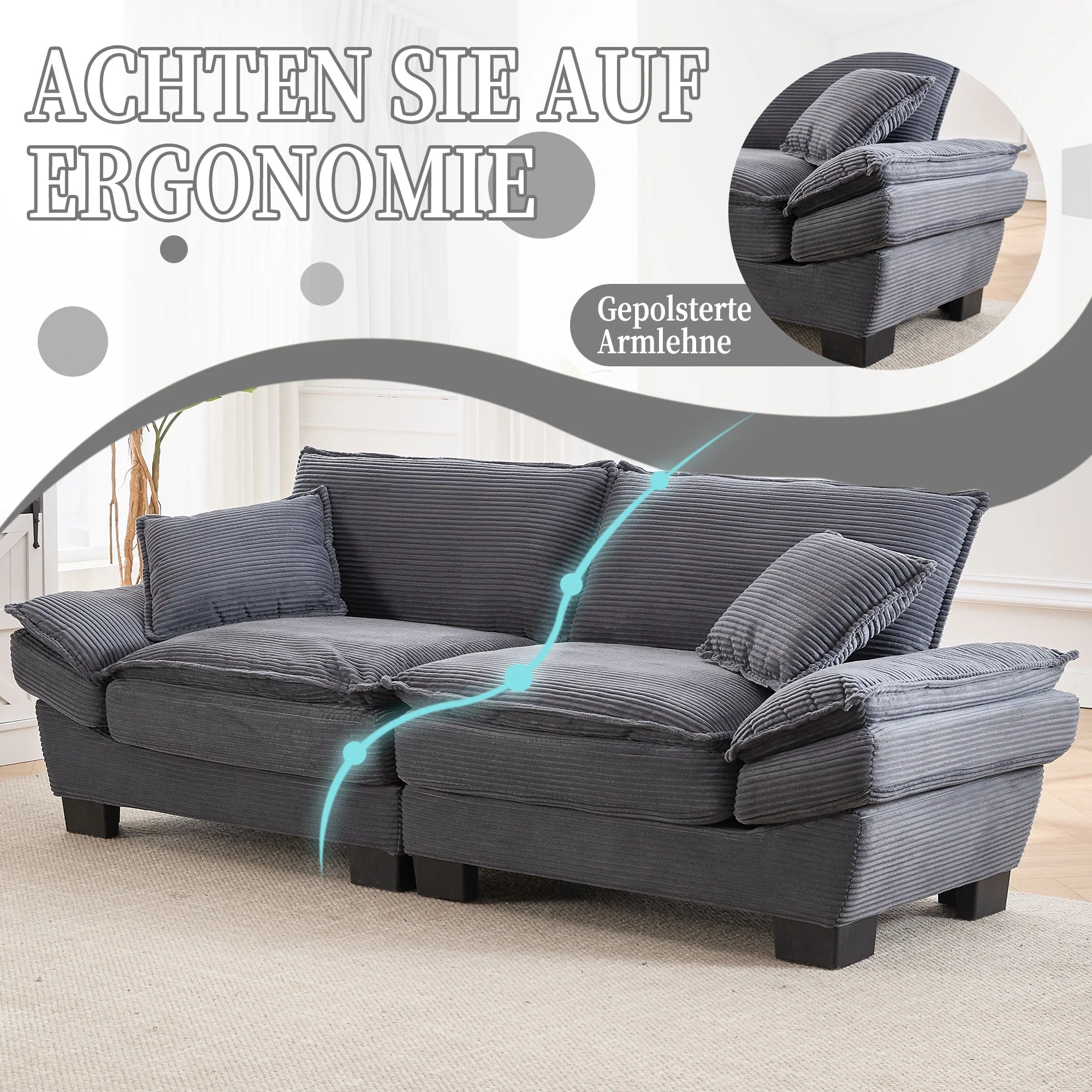 Double Sofa, Modern Simple Feather Bed Cozy Spacious, Dark Grey - Image 3