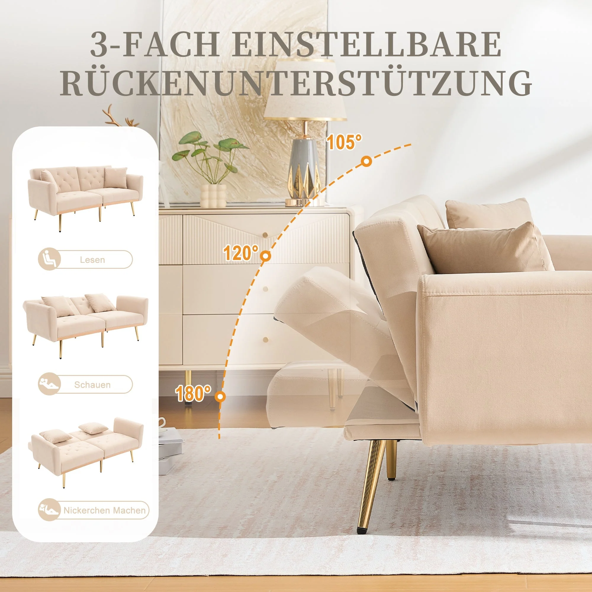 Double Sofa, Modern Velvet Sofa Bed with Adjustable Backrest, Beige - Image 3