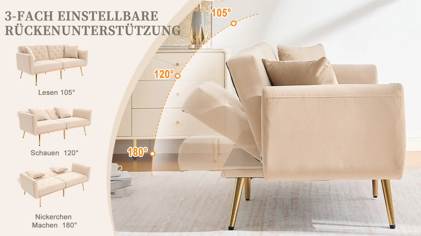 Double Sofa, Modern Velvet Sofa Bed with Adjustable Backrest, Beige - Image 8