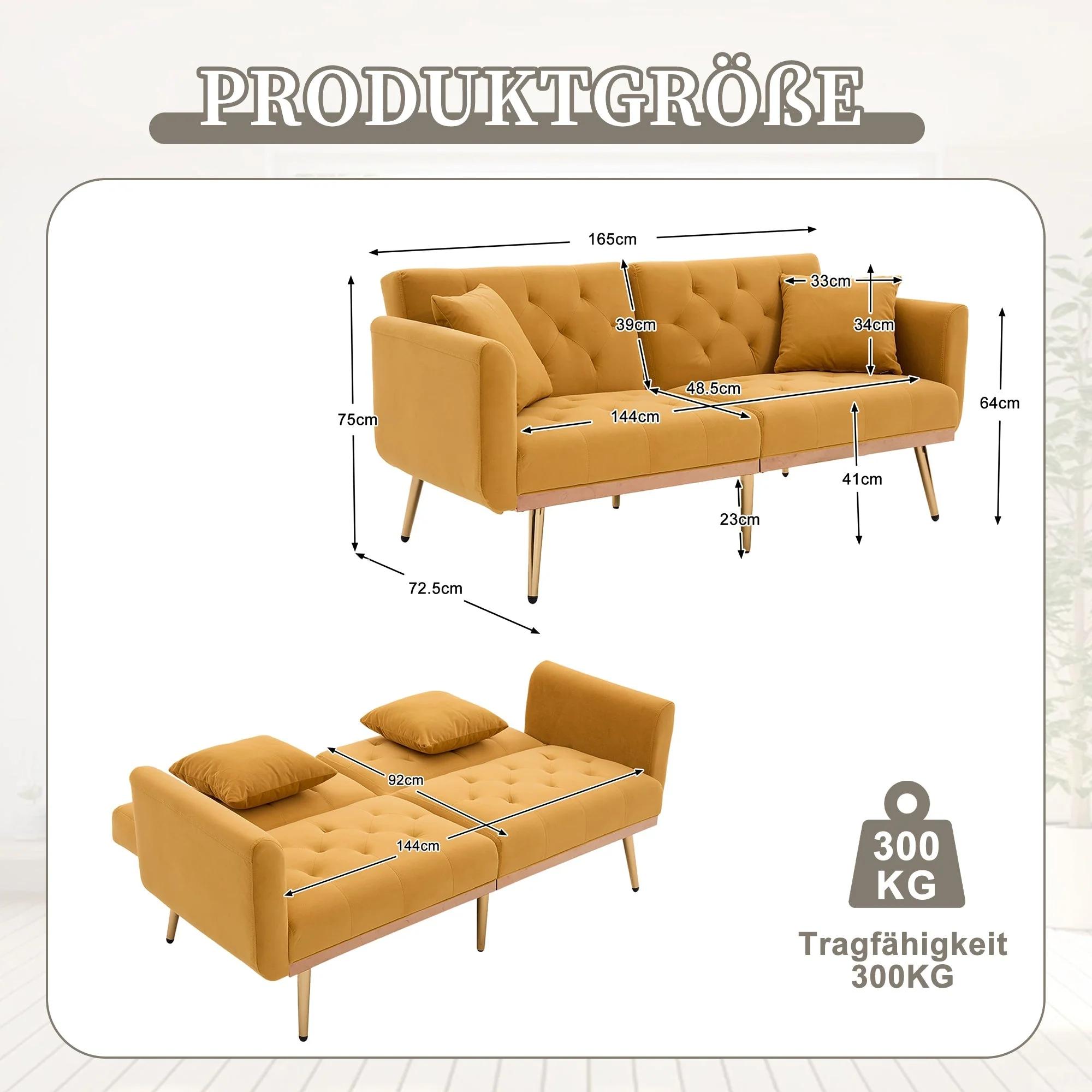 Double Sofa, Modern Velvet with Adjustable Backrest, Mustard Yellow - Image 2