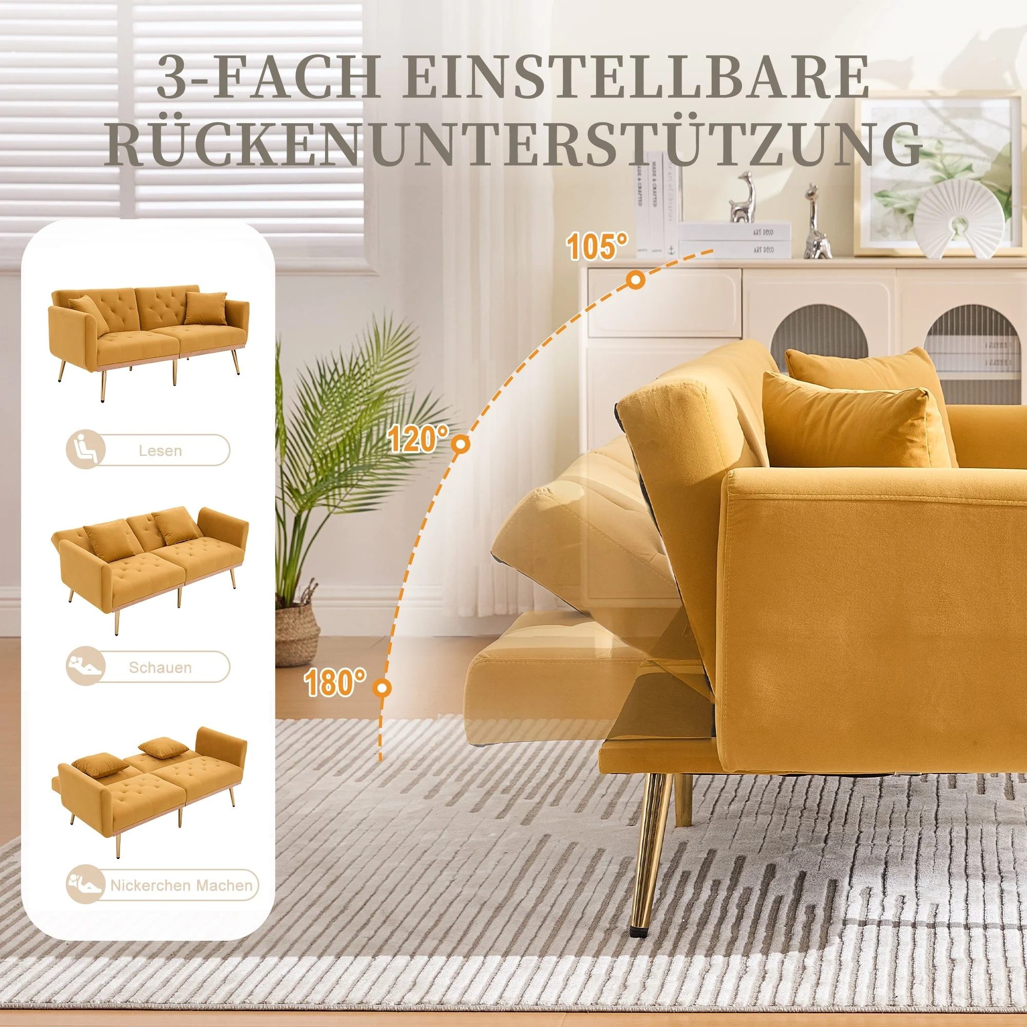 Double Sofa, Modern Velvet with Adjustable Backrest, Mustard Yellow - Image 3