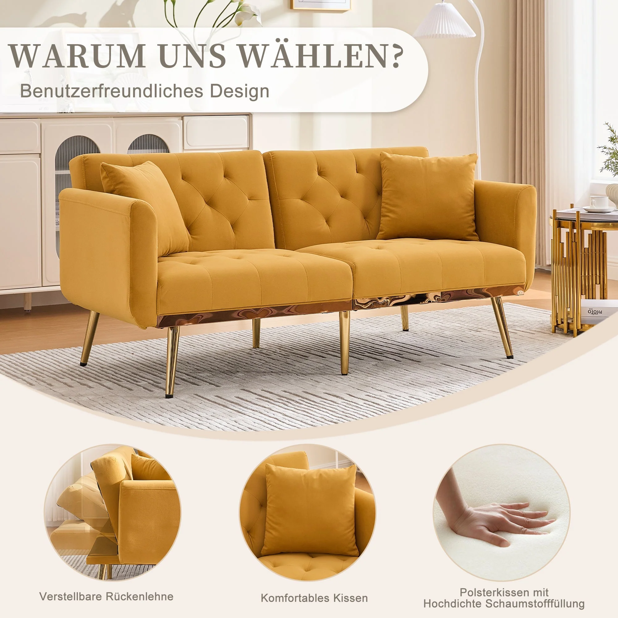 Double Sofa, Modern Velvet with Adjustable Backrest, Mustard Yellow - Image 4