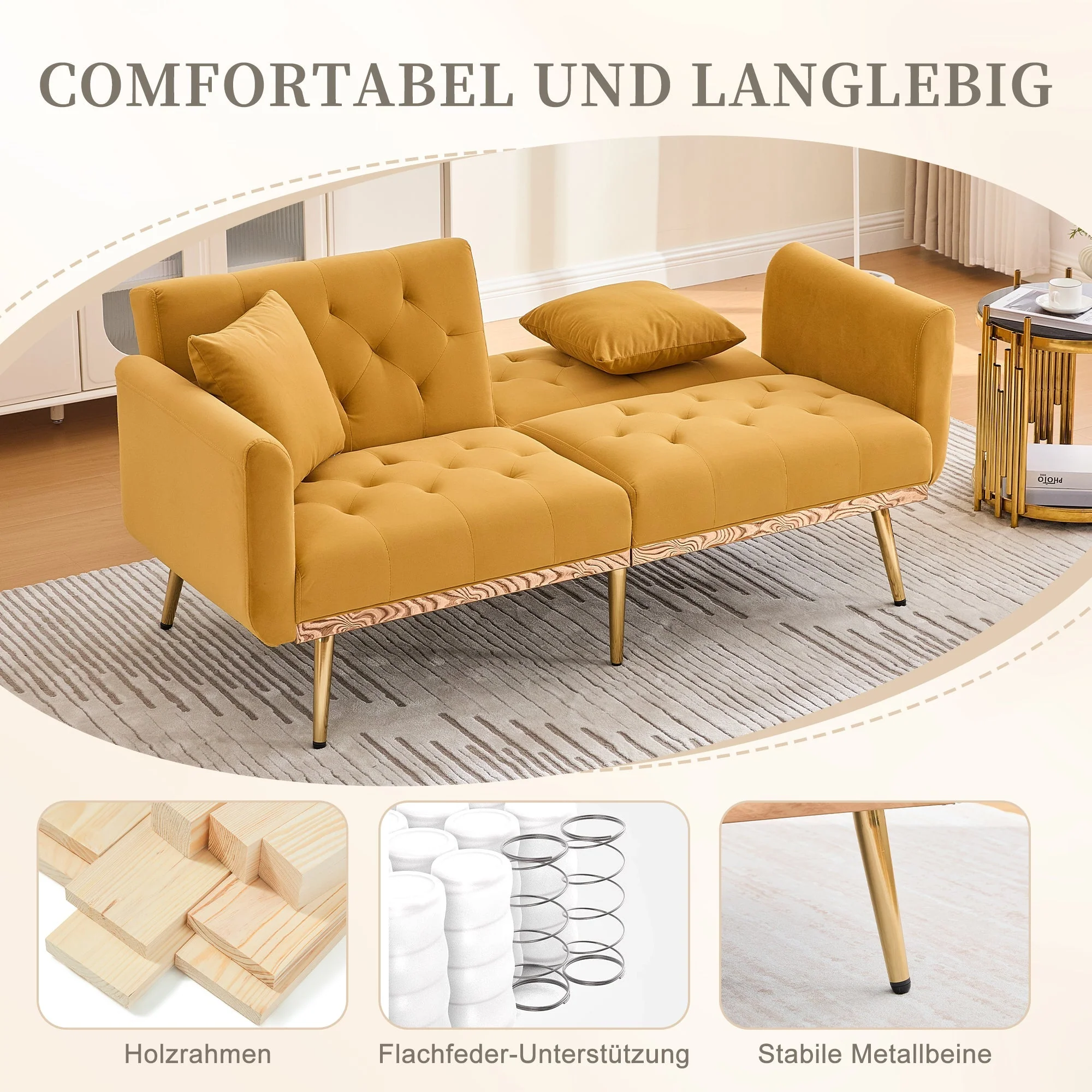 Double Sofa, Modern Velvet with Adjustable Backrest, Mustard Yellow - Image 5