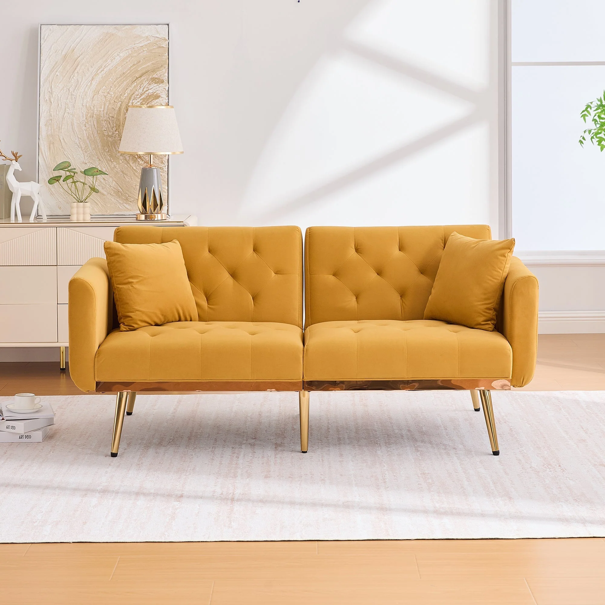Double Sofa, Modern Velvet with Adjustable Backrest, Mustard Yellow - Image 8