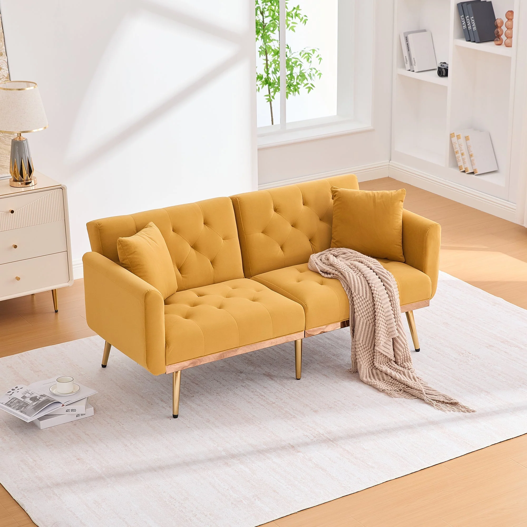 Double Sofa, Modern Velvet with Adjustable Backrest, Mustard Yellow - Image 9
