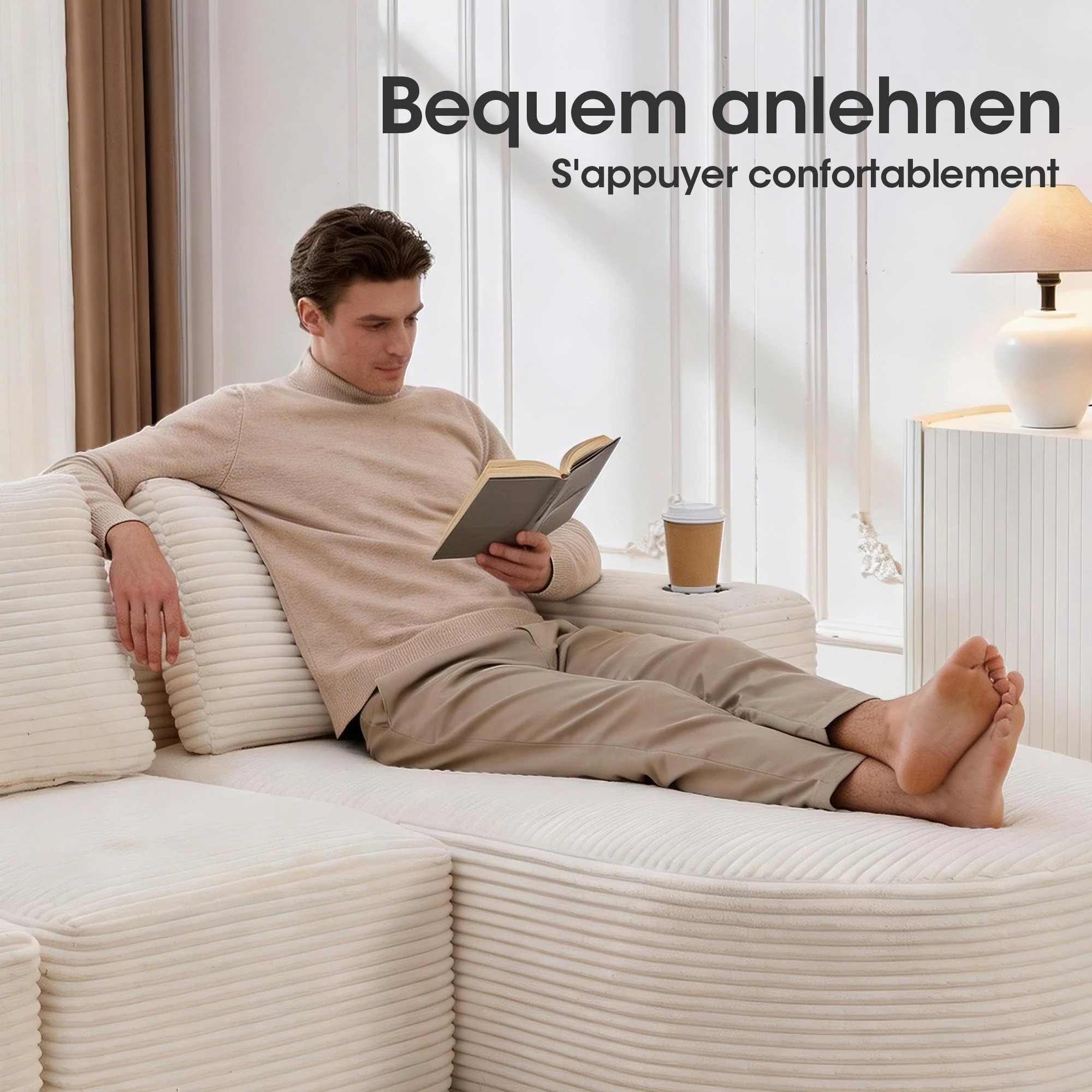 Double Sofa with 3 Pillows and 2 Cup Holders, 265cm Wide Fully Compressed, Feather and Plastic - Image 4