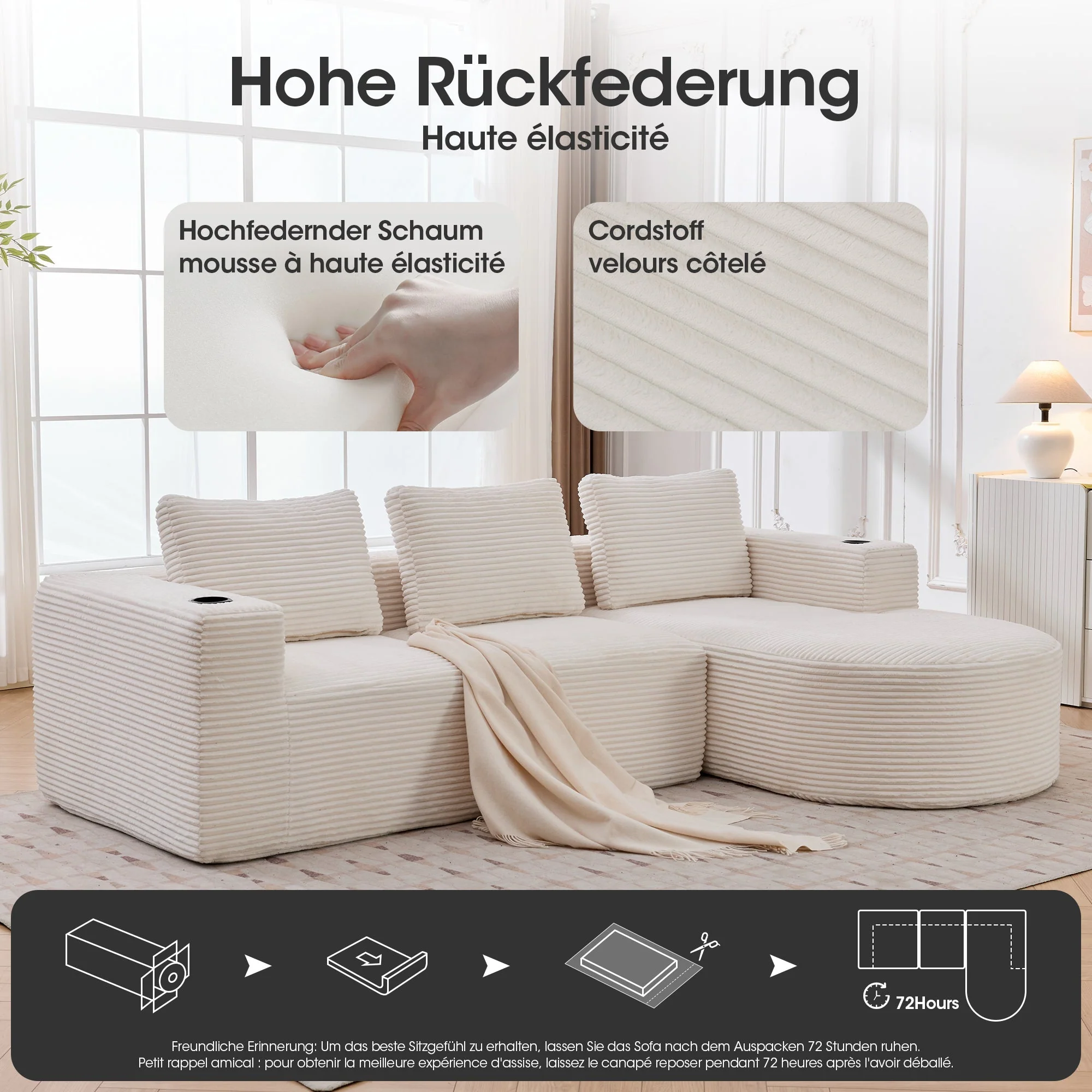 Double Sofa with 3 Pillows and 2 Cup Holders, 265cm Wide Fully Compressed, Feather and Plastic - Image 6