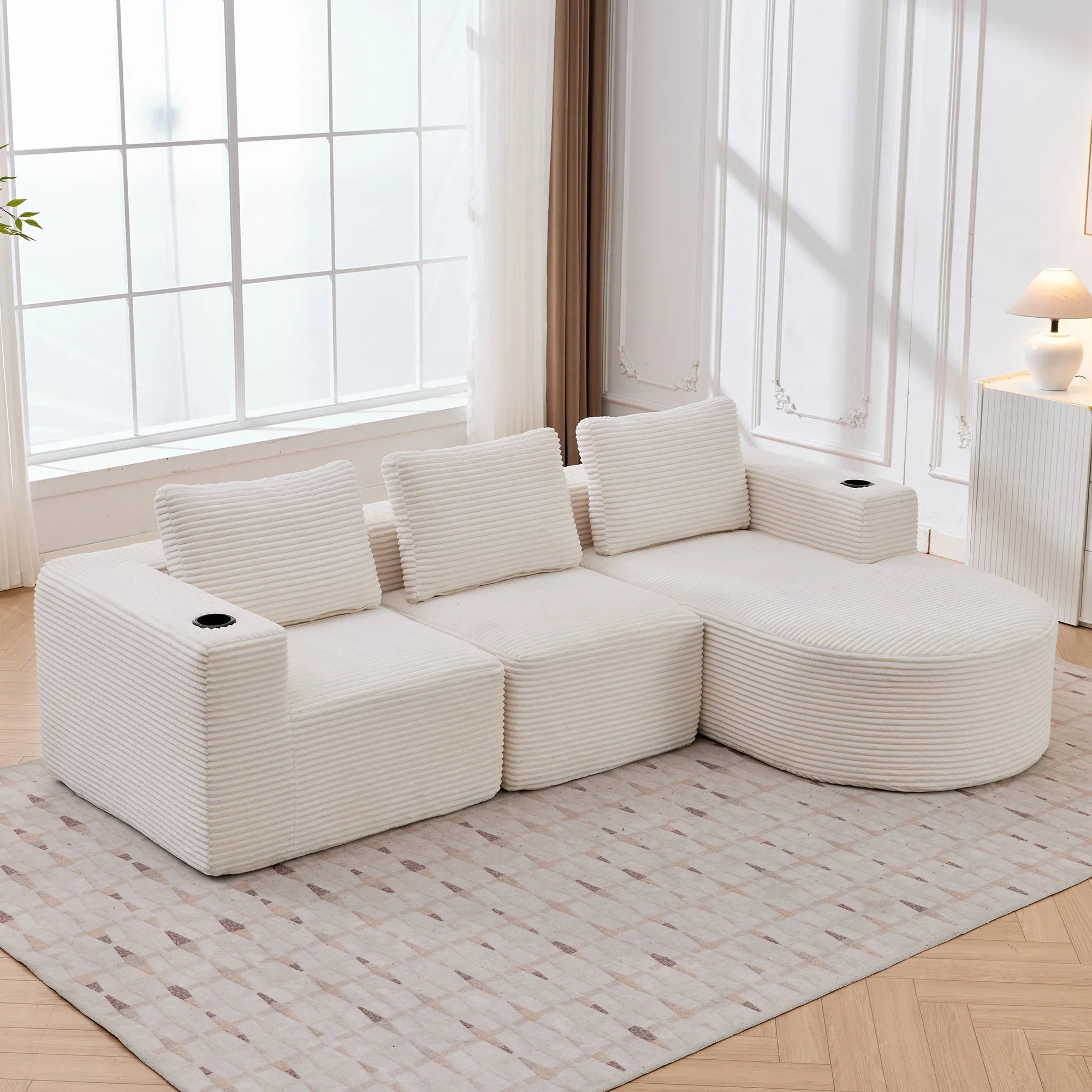 Double Sofa with 3 Pillows and 2 Cup Holders, 265cm Wide Fully Compressed, Feather and Plastic - Image 7