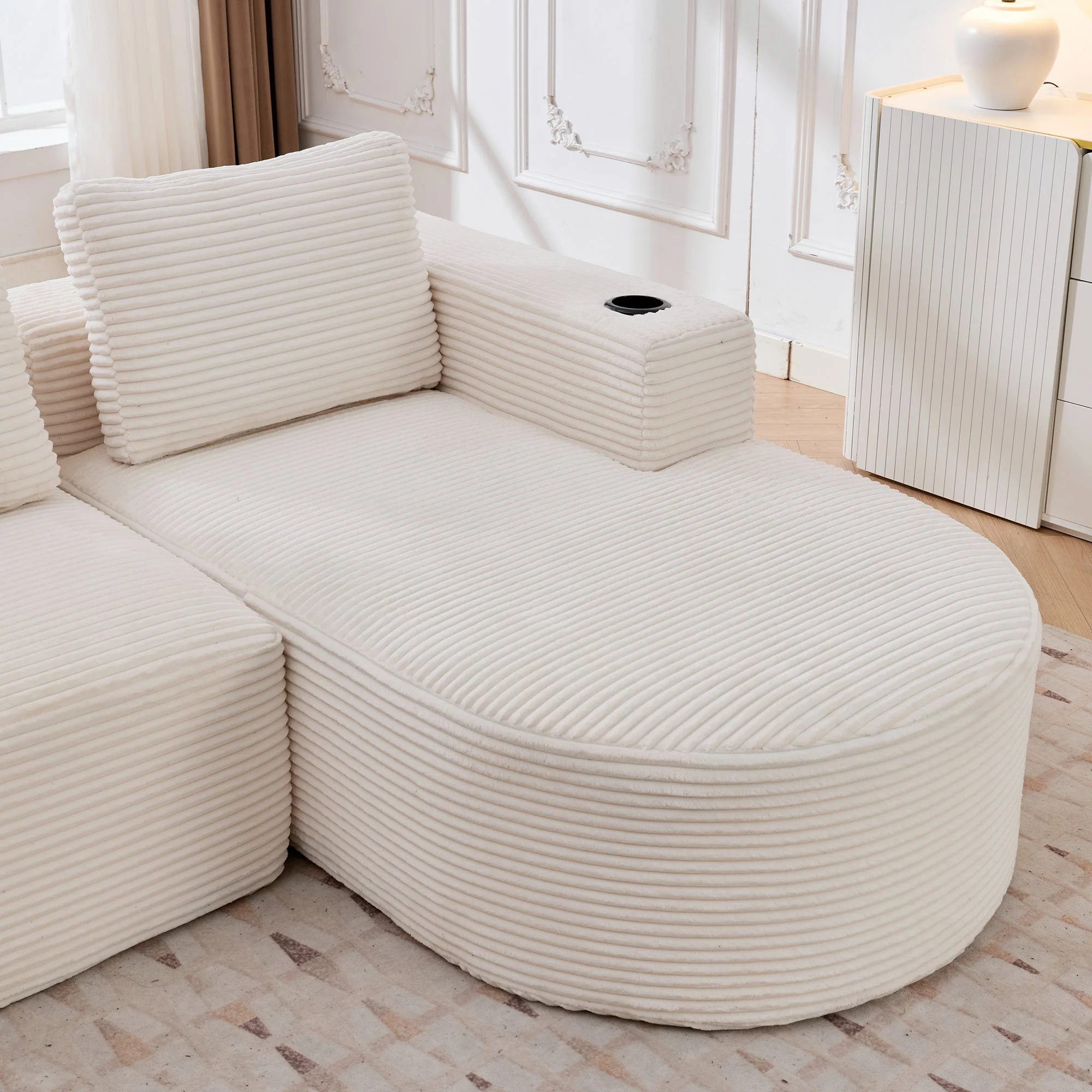 Double Sofa with 3 Pillows and 2 Cup Holders, 265cm Wide Fully Compressed, Feather and Plastic - Image 9