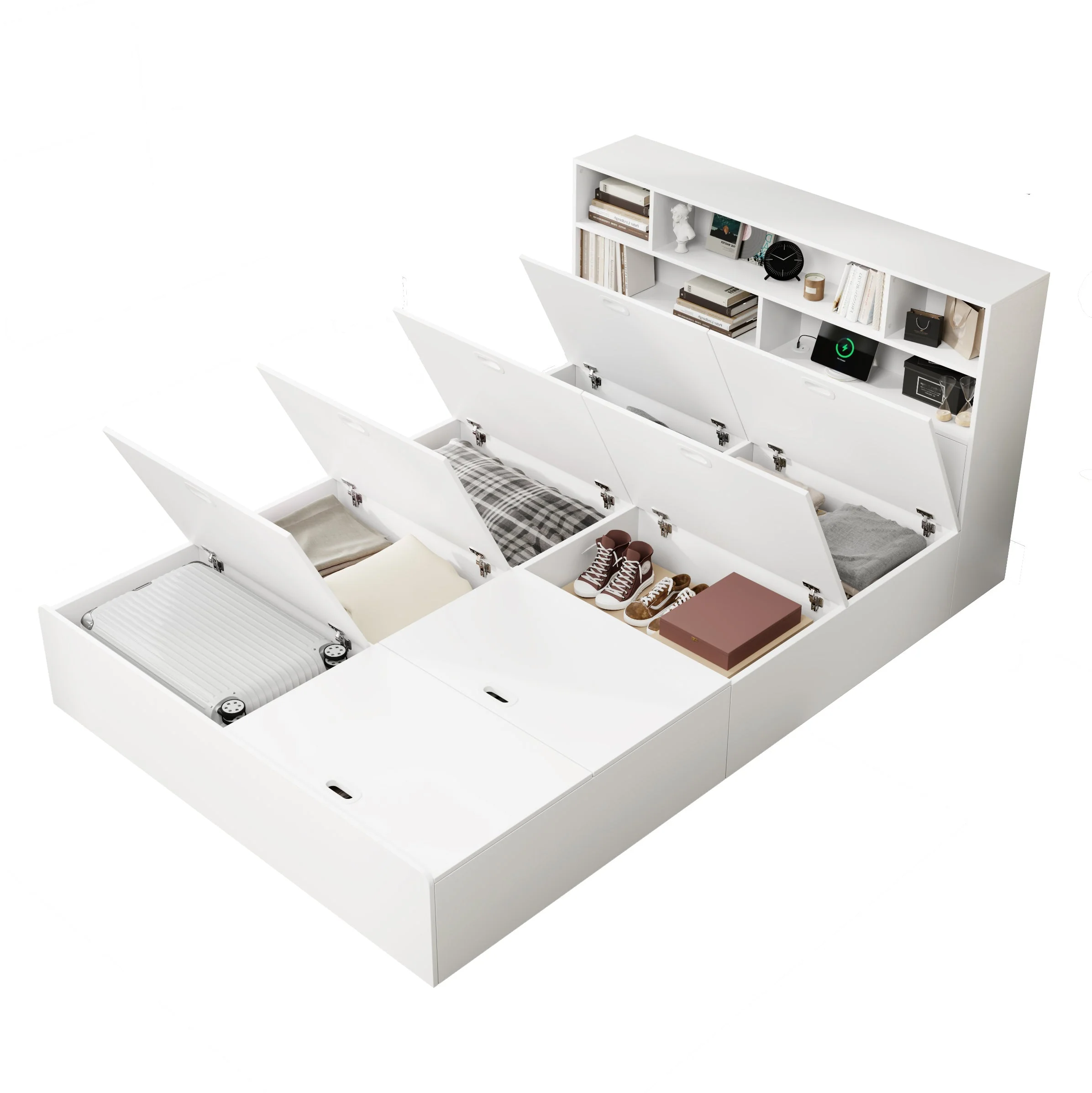 Double Storage Bed 140x200cm Solid Wood with USB Port & Under Bed Storage White - Image 10