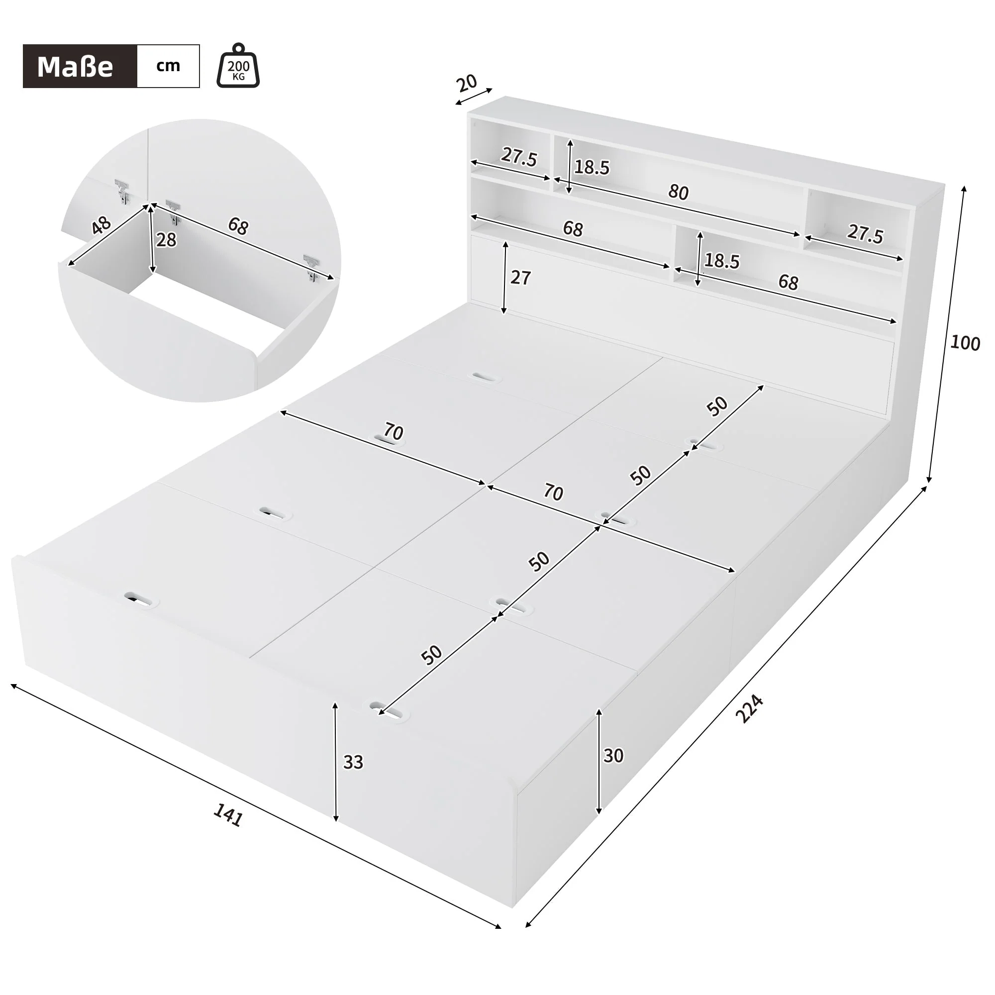 Double Storage Bed 140x200cm Solid Wood with USB Port & Under Bed Storage White - Image 8