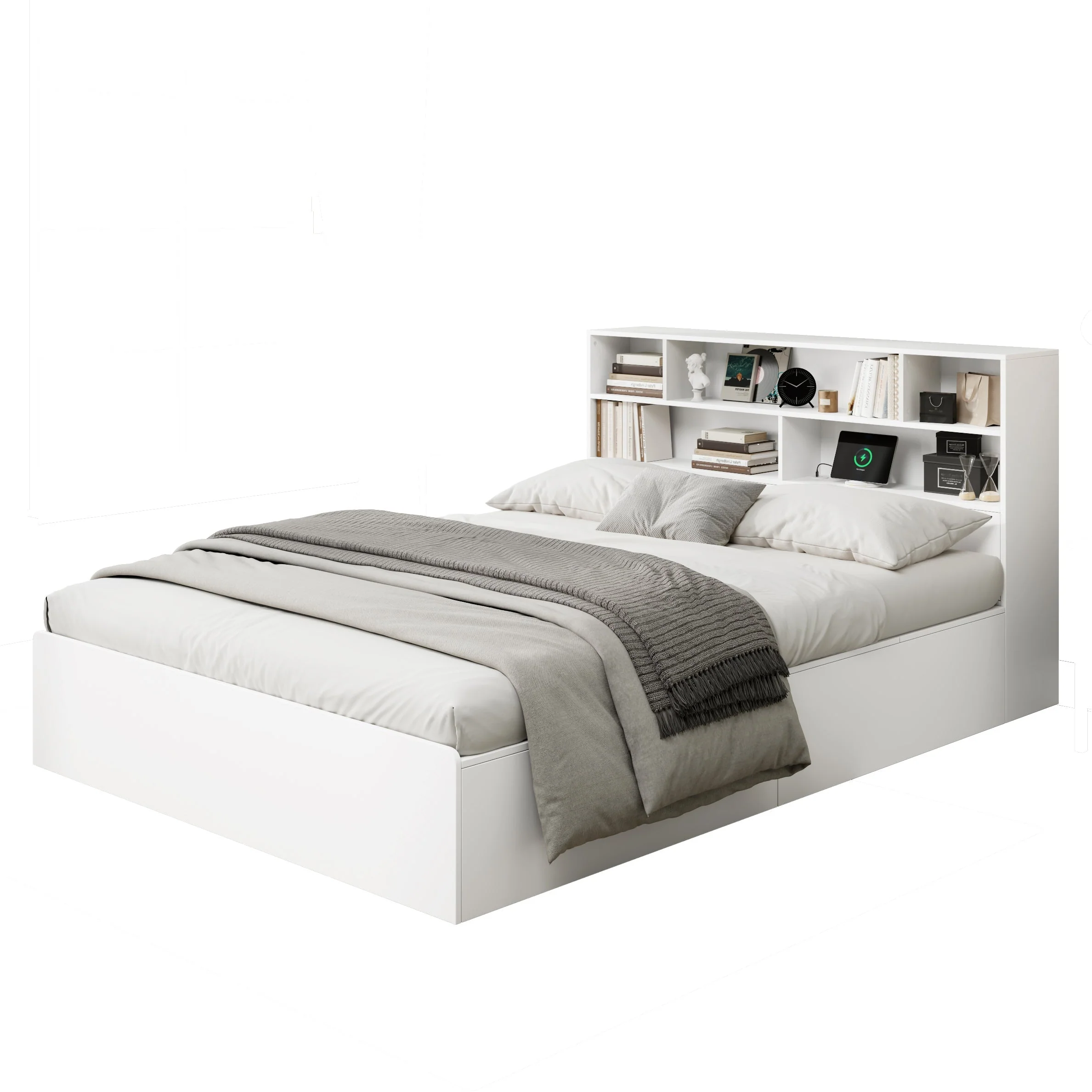 Double Storage Bed 140x200cm Solid Wood with USB Port & Under Bed Storage White - Image 9