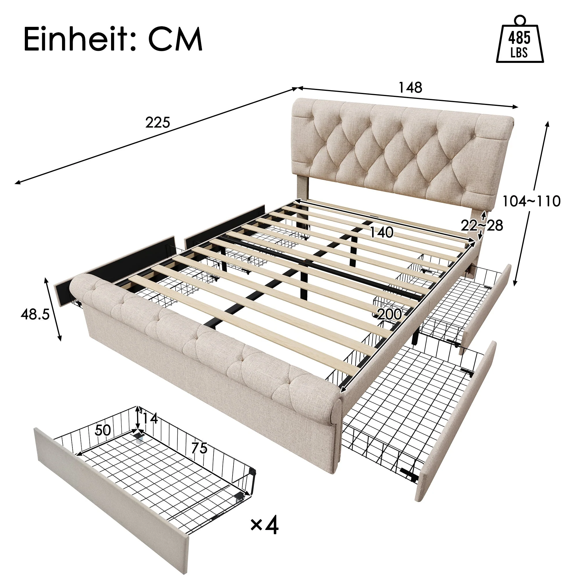 Double Upholstered Bed 140x200cm 4 Drawers Adjustable Headboard With Mattress - Natural - Image 2
