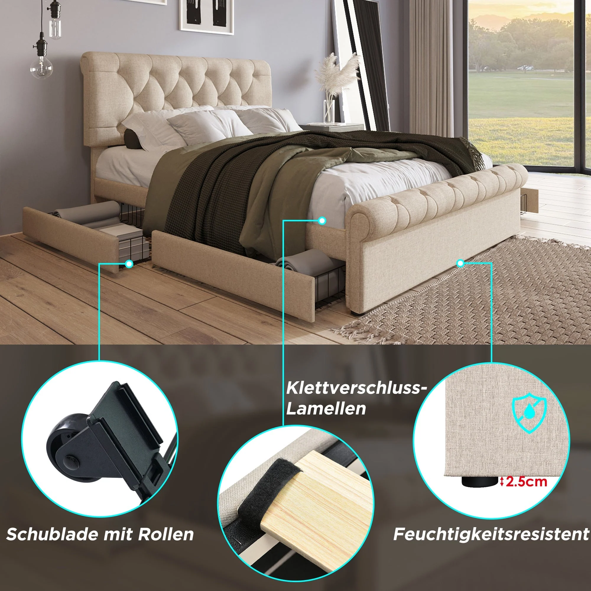 Double Upholstered Bed 140x200cm 4 Drawers Adjustable Headboard With Mattress - Natural - Image 4