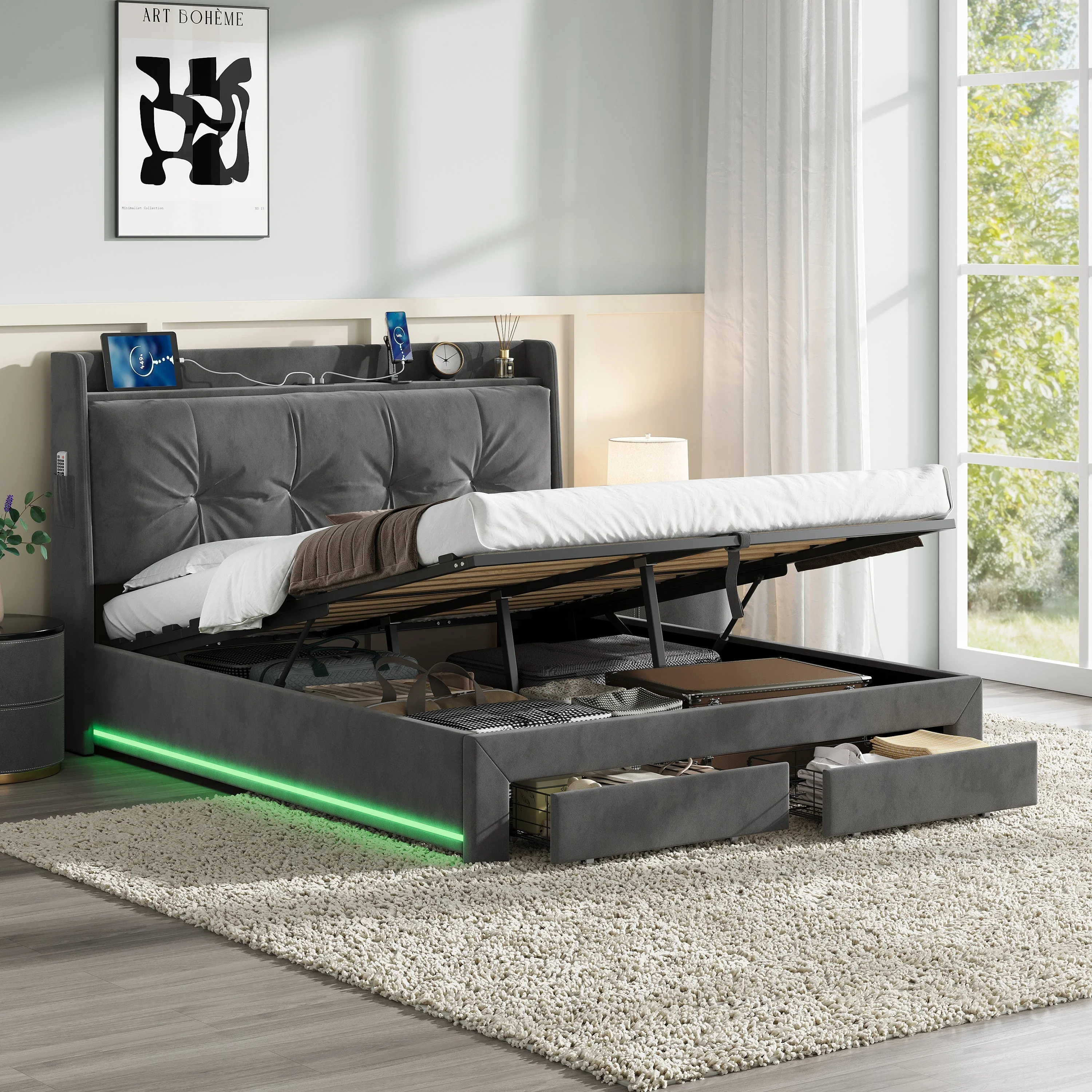 Double Upholstered Bed Frame with Hydraulic Storage, Charging Station, and RGB LED Lighting, Grey Velvet - Image 4