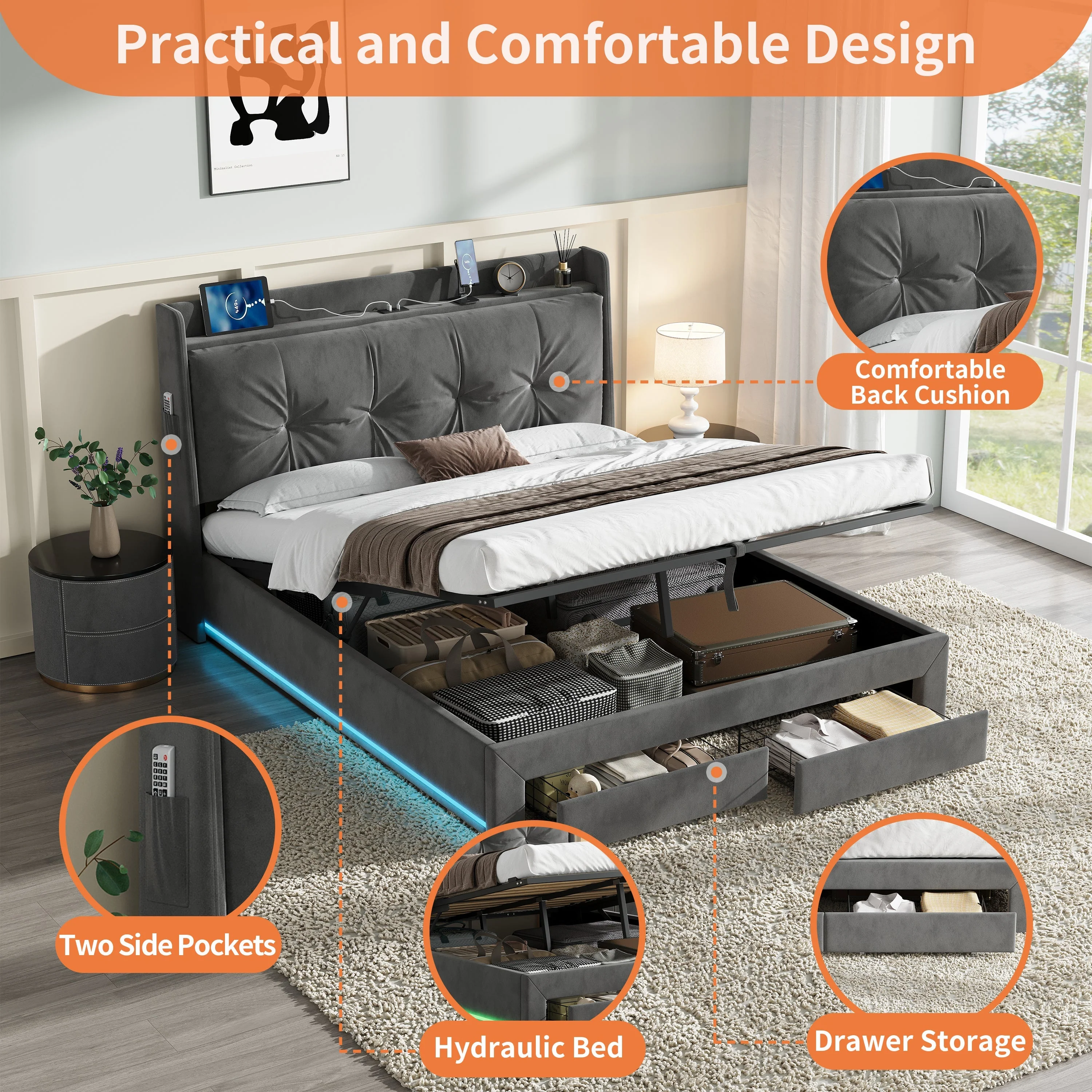 Double Upholstered Bed Frame with Hydraulic Storage, Charging Station, and RGB LED Lighting, Grey Velvet - Image 6