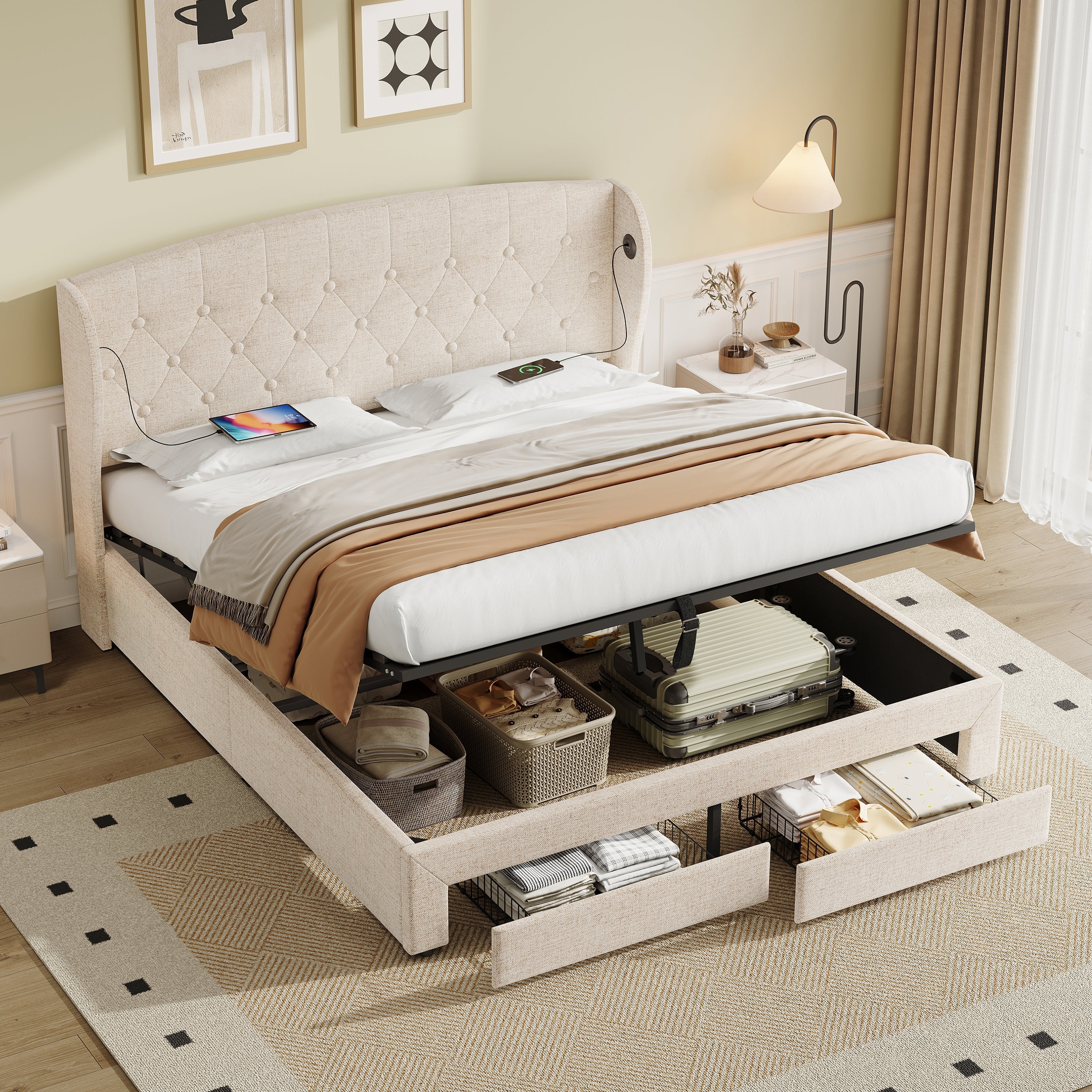 Double Upholstered Bed with Hydraulic and Drawers Storage, Charging Station, Linen, Beige - Image 2